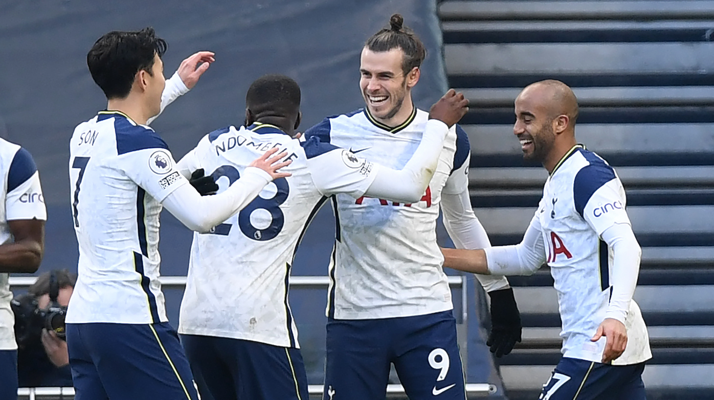 Tottenham Hotspur's Welsh striker Gareth Bale (C) celebrates with teammates after scoring their fourth goal during the English Premier League football match between Tottenham Hotspur and Burnley at Tottenham Hotspur Stadium in London, on February 28, 2021.