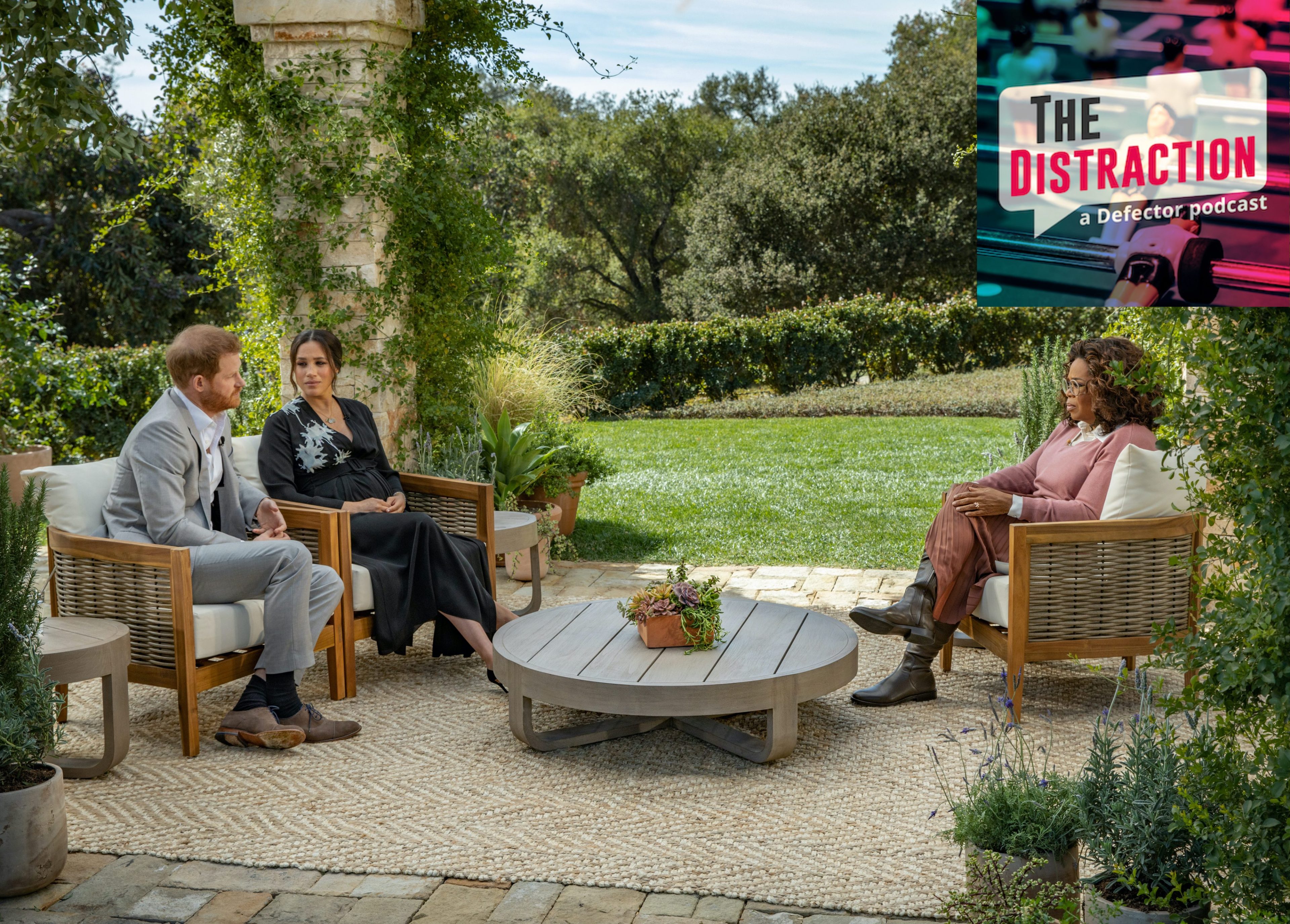 Oprah Winfrey interviews Prince Harry and Meghan Markle in a very nice garden setting.