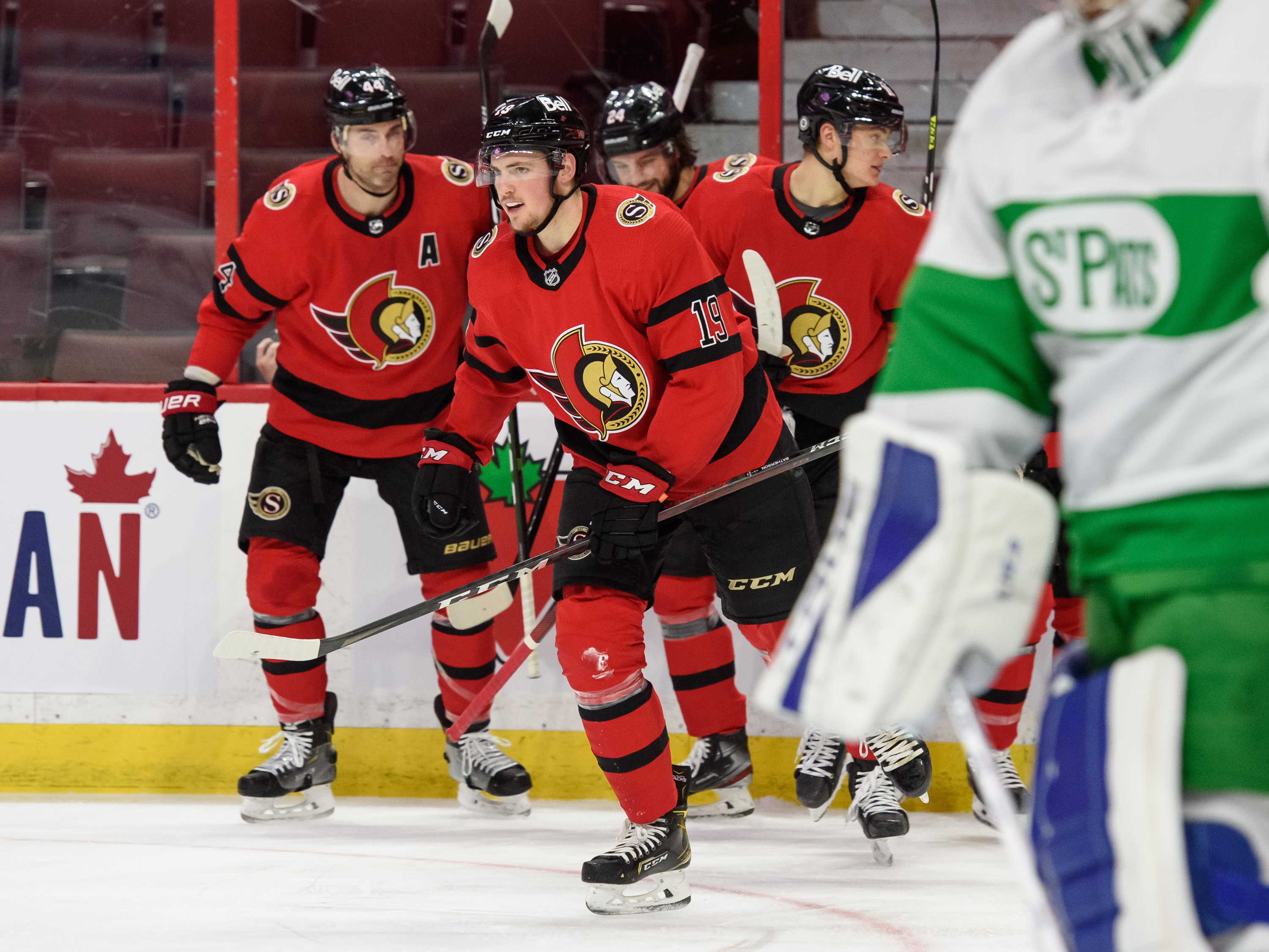 Drake Batherson #19 of the Ottawa Senators skates to the bench after scoring a second period goal against the Toronto Maple Leafs at Canadian Tire Centre on March 14, 2021 in Ottawa, Ontario, Canada.