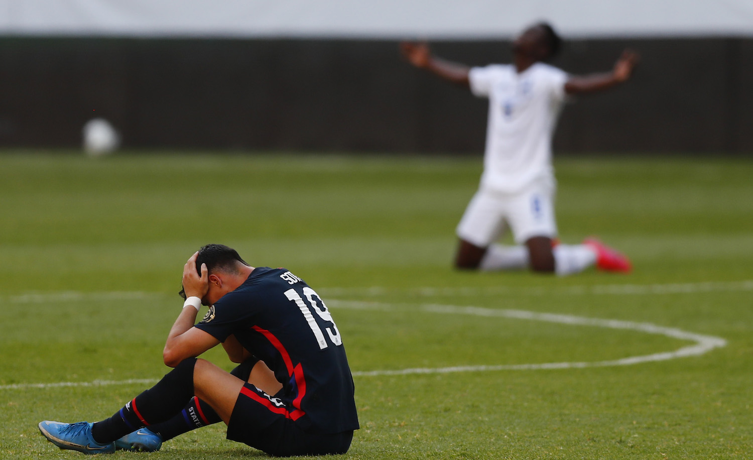 GUADALAJARA, MEXICO - MARCH 28: Sebastian Soto #19 of United States reacts after losing the semifinals match between Honduras and USA as part of the 2020 Concacaf Men's Olympic Qualifying at Jalisco Stadium on March 28, 2021 in Guadalajara, Mexico. (Photo by Refugio Ruiz/Getty Images)
