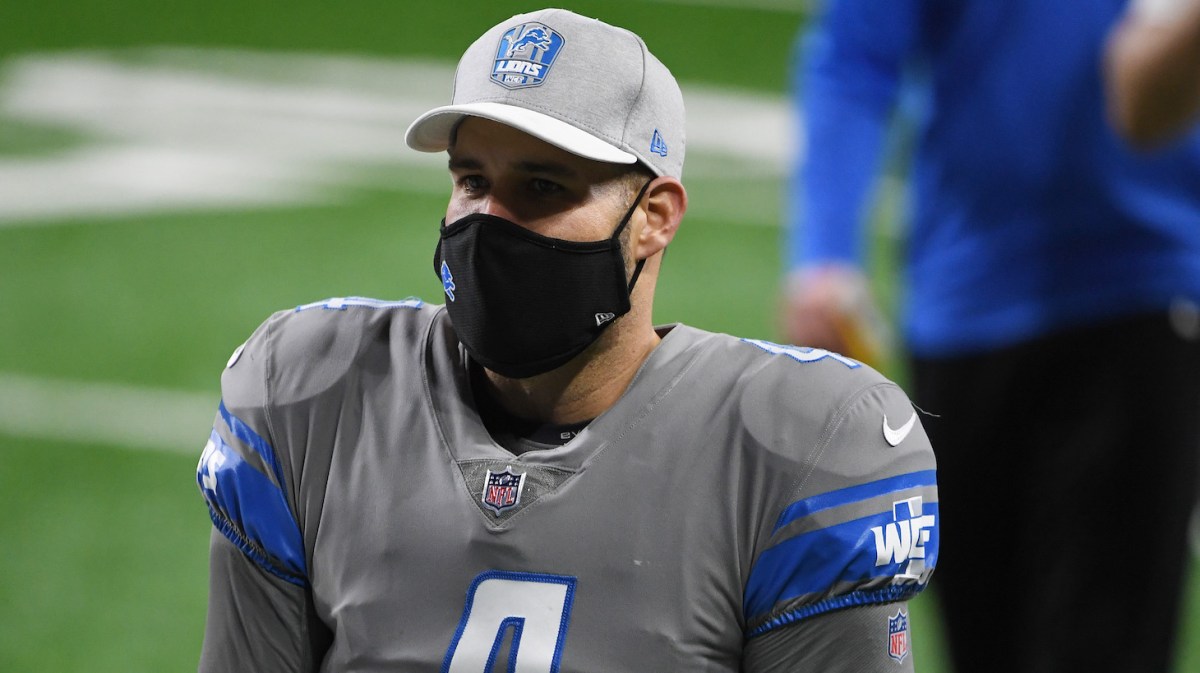 DETROIT, MICHIGAN - DECEMBER 26: Chase Daniel #4 of the Detroit Lions heads off the field following a game against the Tampa Bay Buccaneers at Ford Field on December 26, 2020 in Detroit, Michigan. (Photo by Nic Antaya/Getty Images)