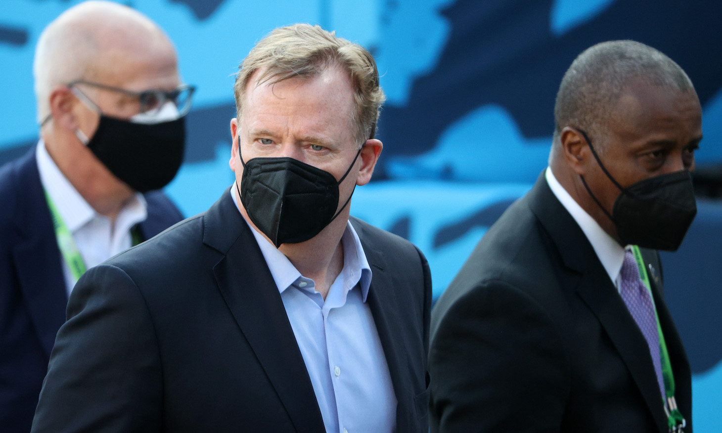 TAMPA, FLORIDA - FEBRUARY 07: NFL Commissioner Roger Goodell looks on while wearing a face covering before Super Bowl LV between the Tampa Bay Buccaneers and the Kansas City Chiefs at Raymond James Stadium on February 07, 2021 in Tampa, Florida. (Photo by Patrick Smith/Getty Images)