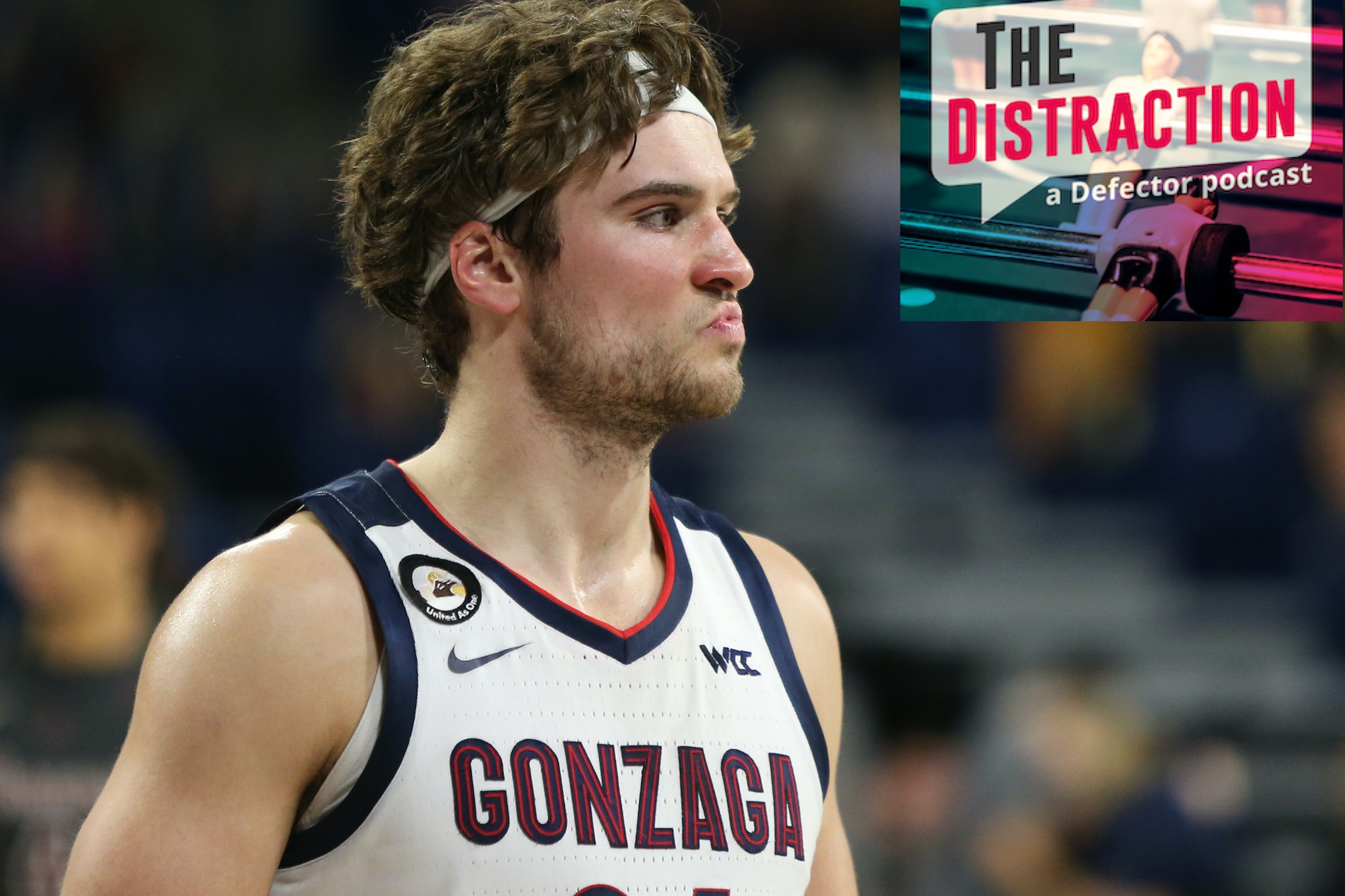 Gonzaga's Corey Kispert, seen here honestly kind of mad-dogging The Distraction logo.