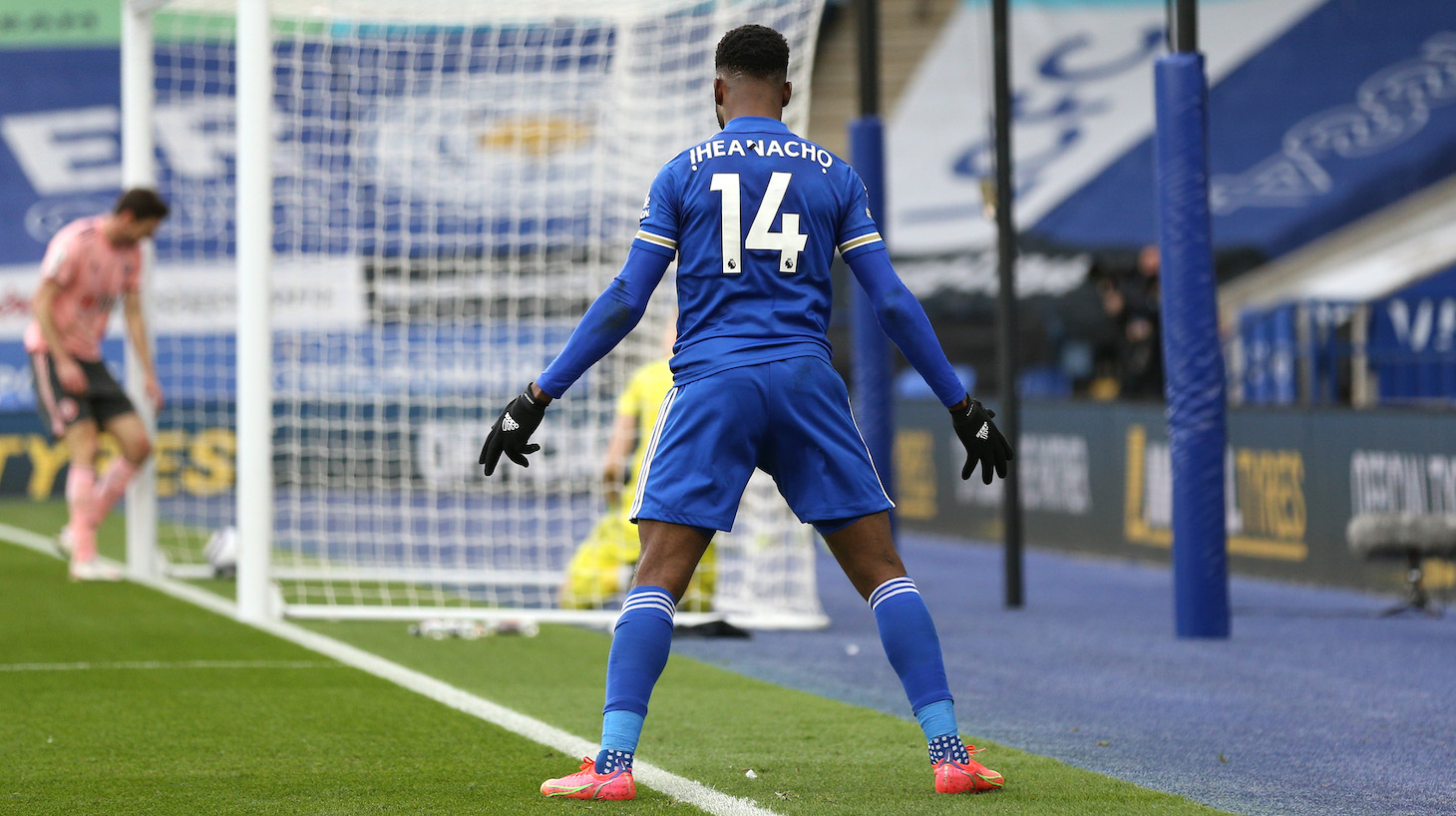 Kelechi Iheanacho of Leicester City celebrates after scoring their side's first goal during the Premier League match between Leicester City and Sheffield United at The King Power Stadium on March 14, 2021 in Leicester, England.