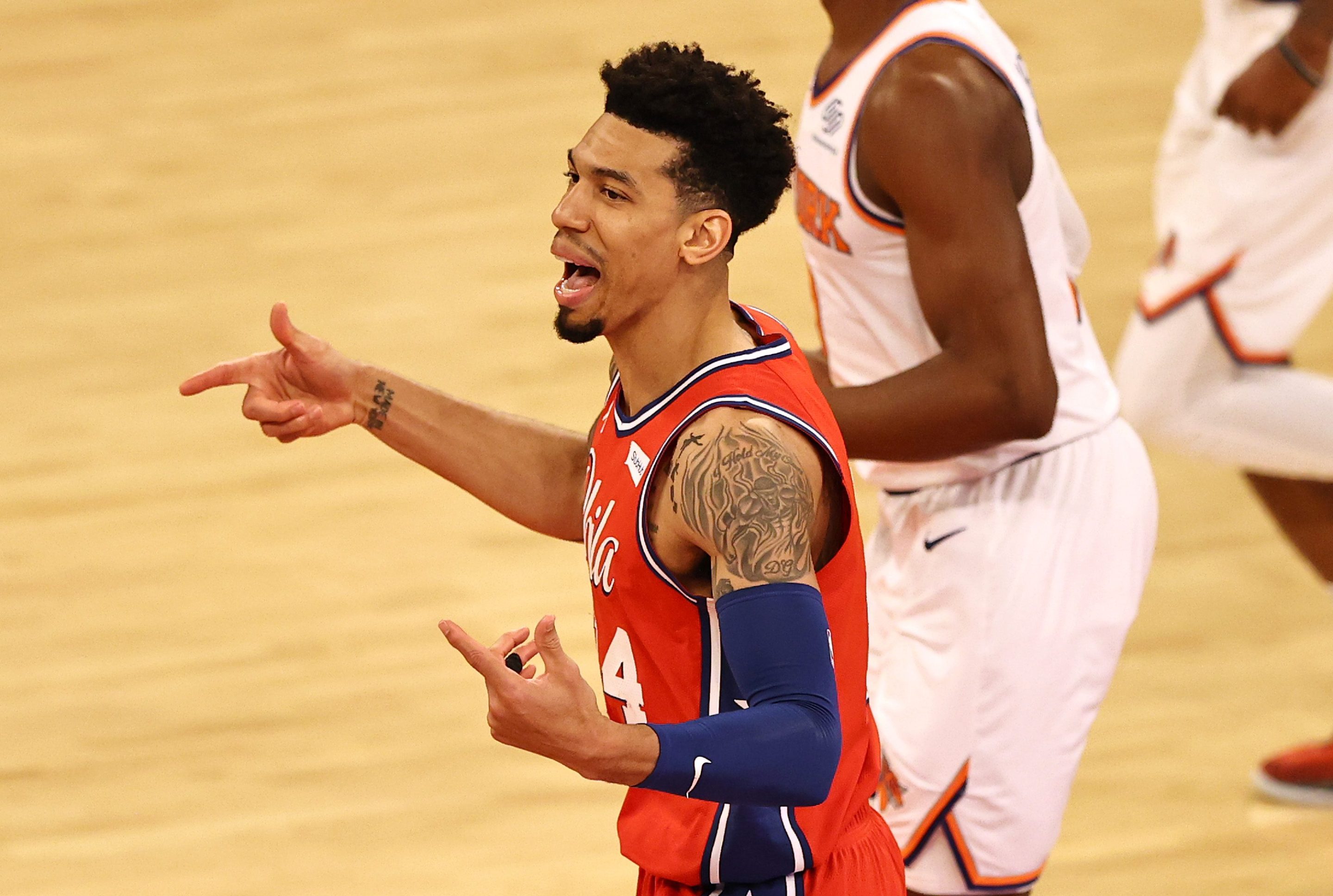 Danny Green celebrates a made three-pointer in a Sixers win over the Knicks.