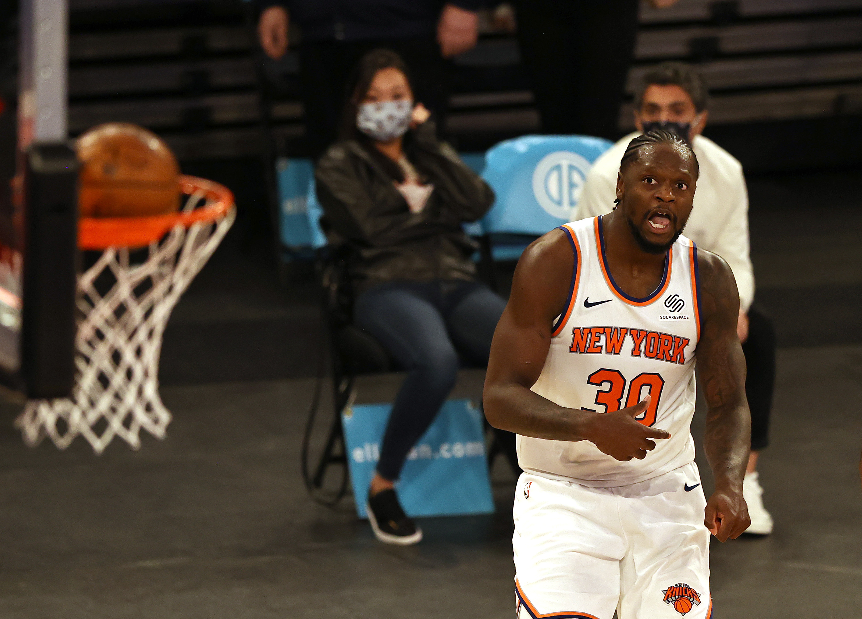 Julius Randle of the Knicks watches his shot.