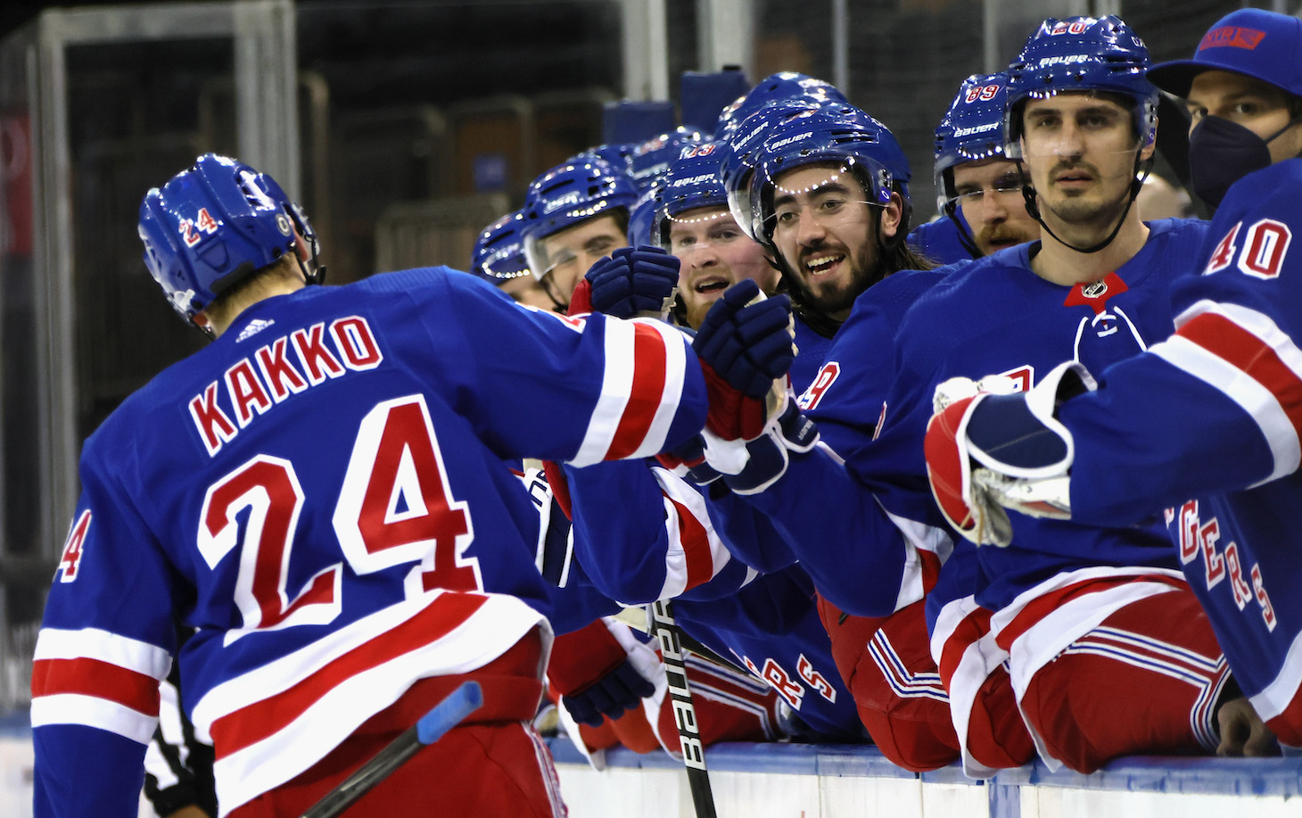 NEW YORK, NEW YORK - MARCH 22: The New York Rangers celebrate a second period goal by Kaapo Kakko #24 against the Buffalo Sabres at Madison Square Garden on March 22, 2021 in New York City. (Photo by Bruce Bennett/Getty Images)