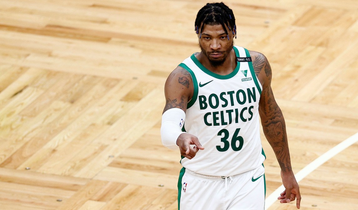 BOSTON, MASSACHUSETTS - MARCH 29: Marcus Smart #36 of the Boston Celtics reacts during the second half against the New Orleans Pelicansat TD Garden on March 29, 2021 in Boston, Massachusetts. The Pelicans defeat the Celtics 115-109. (Photo by Maddie Meyer/Getty Images)