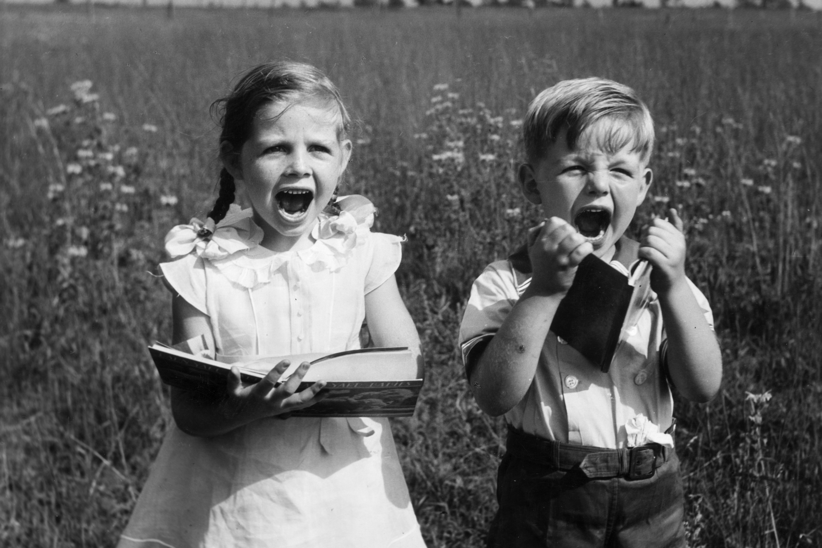 A young boy and girl stand in a farm field holding storybooks and screaming.