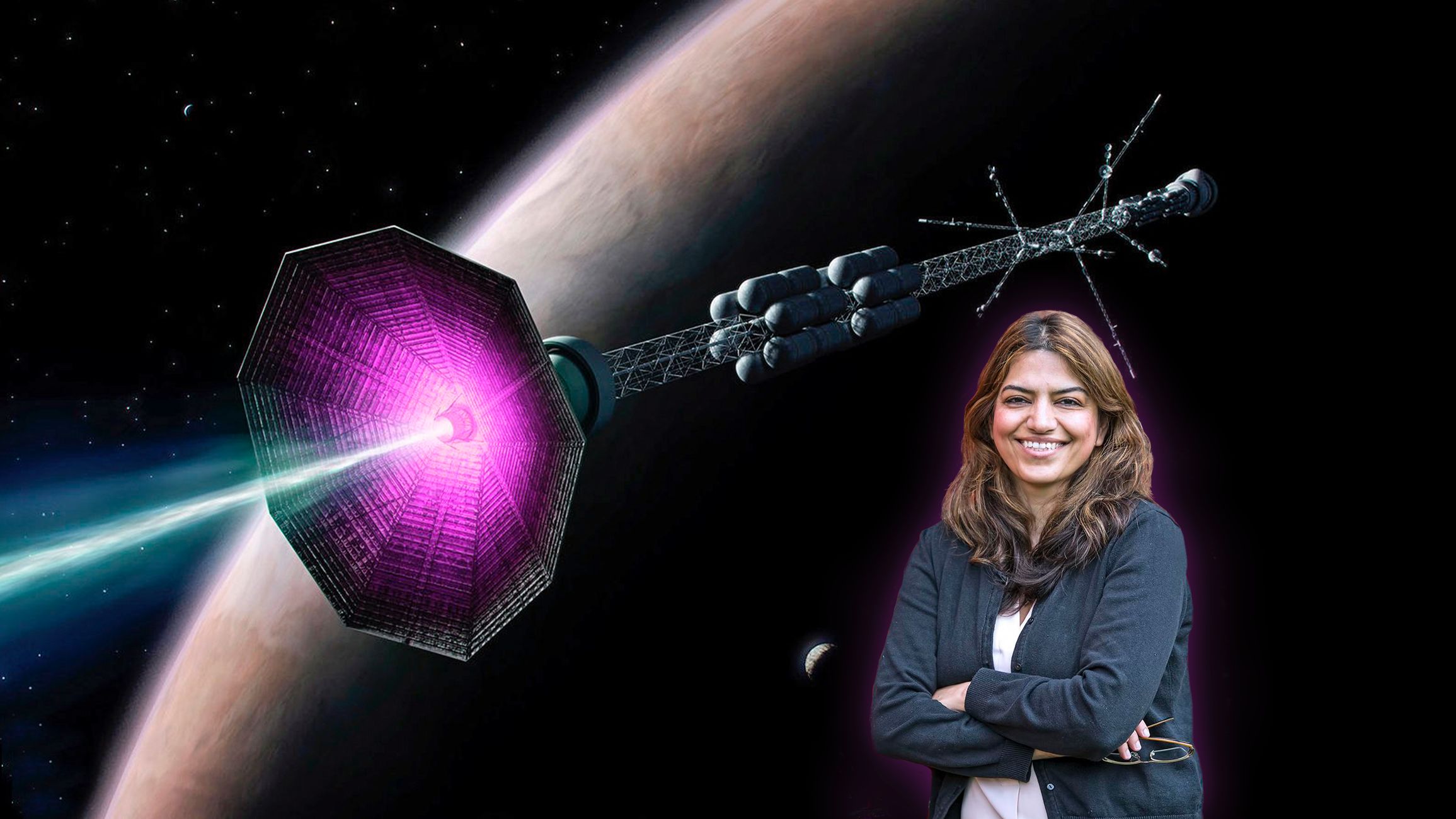 Fatima Ebrahimi of PPPL and an illustration of her proposed "plasmoid rocket" concept.