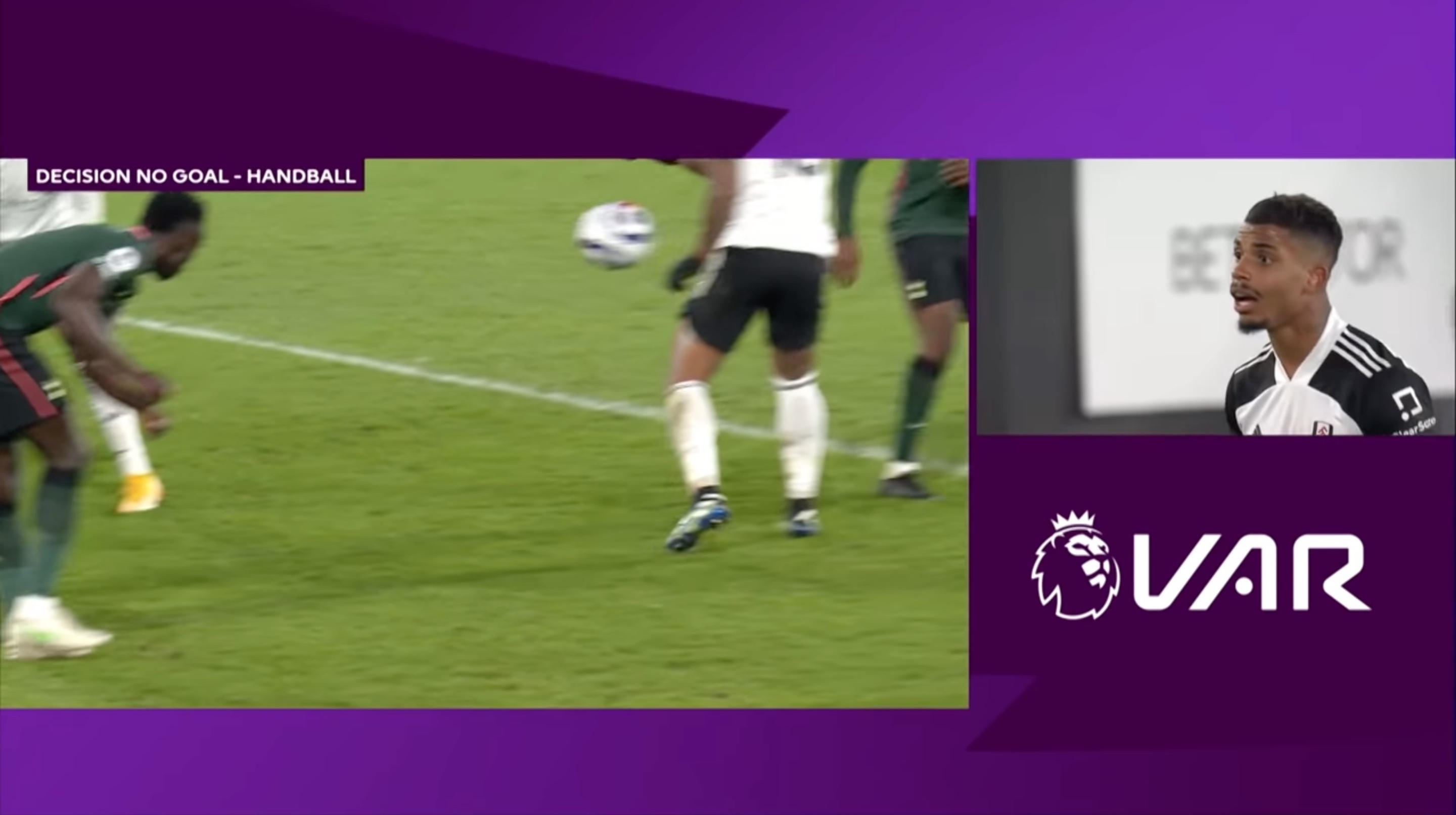 Upon further review, VAR disallows a Fulham goal against Tottenham due to the dumb handball rule.
