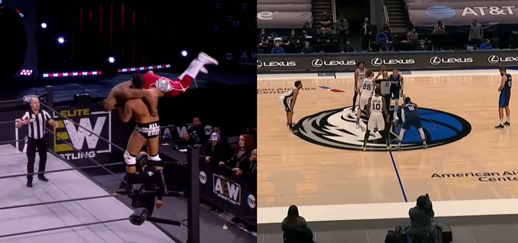 screencaps from AEW Dynamite and Mavericks-Spurs