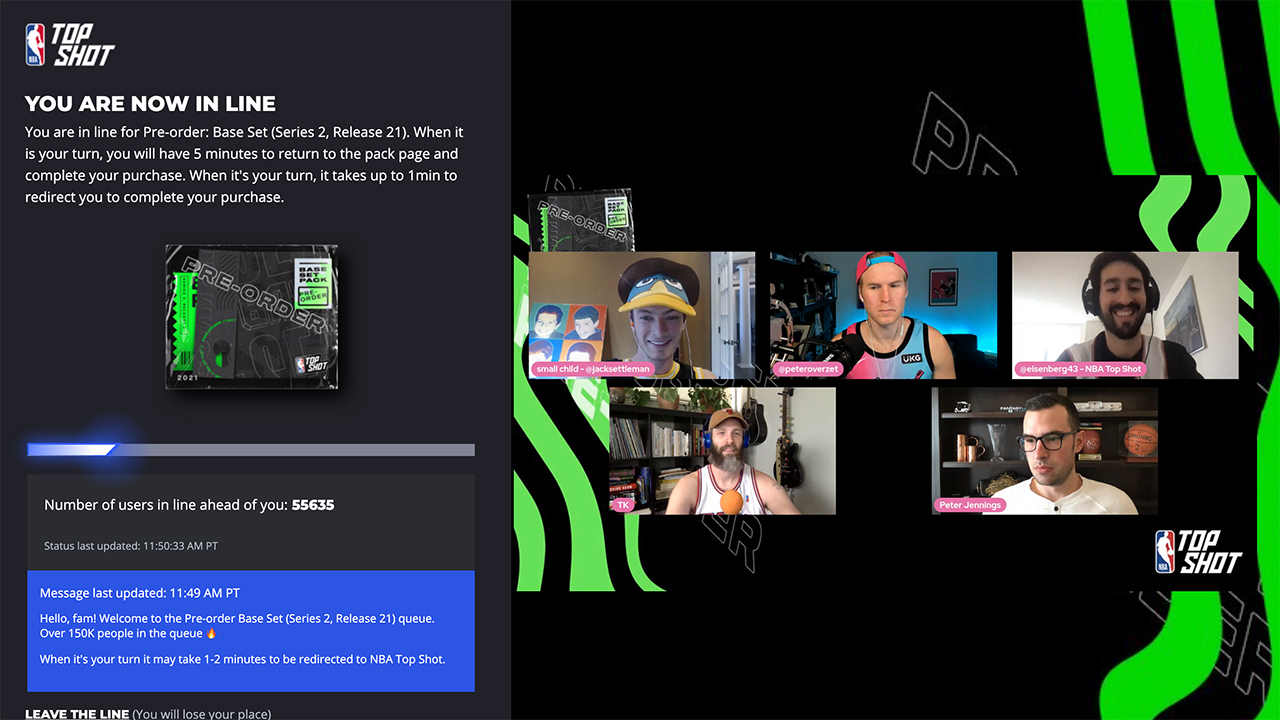 This is the screen you see when there are only 55,000 people ahead of you in line for a NBA Top Shot pack.