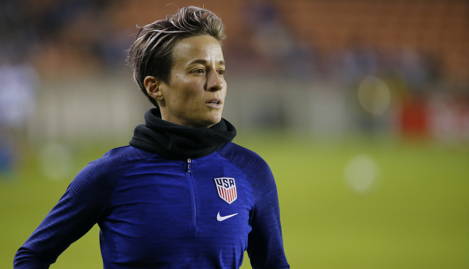 HOUSTON, TEXAS - JANUARY 28: Megan Rapinoe of the United States warms up before playing Haiti during a Group A CONCACAF Women's Olympic Qualifying match at BBVA Compass Stadium on January 28, 2020 in Houston, Texas. (Photo by Bob Levey/Getty Images)