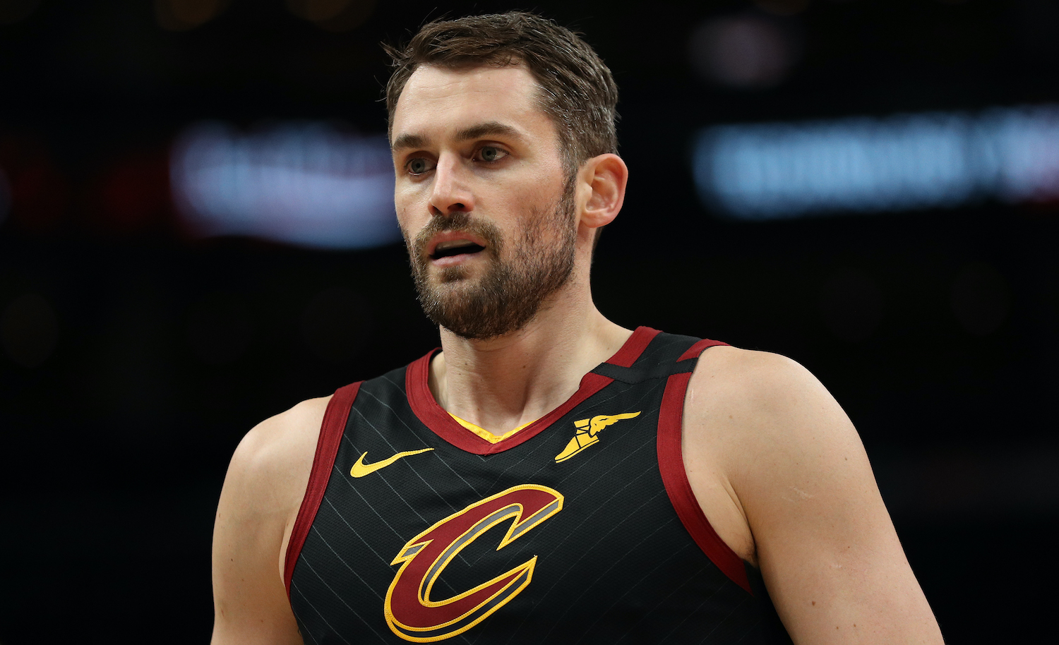 WASHINGTON, DC - FEBRUARY 21: Kevin Love #0 of the Cleveland Cavaliers looks on against the Washington Wizards at Capital One Arena on February 21, 2020 in Washington, DC. (Photo by Patrick Smith/Getty Images)