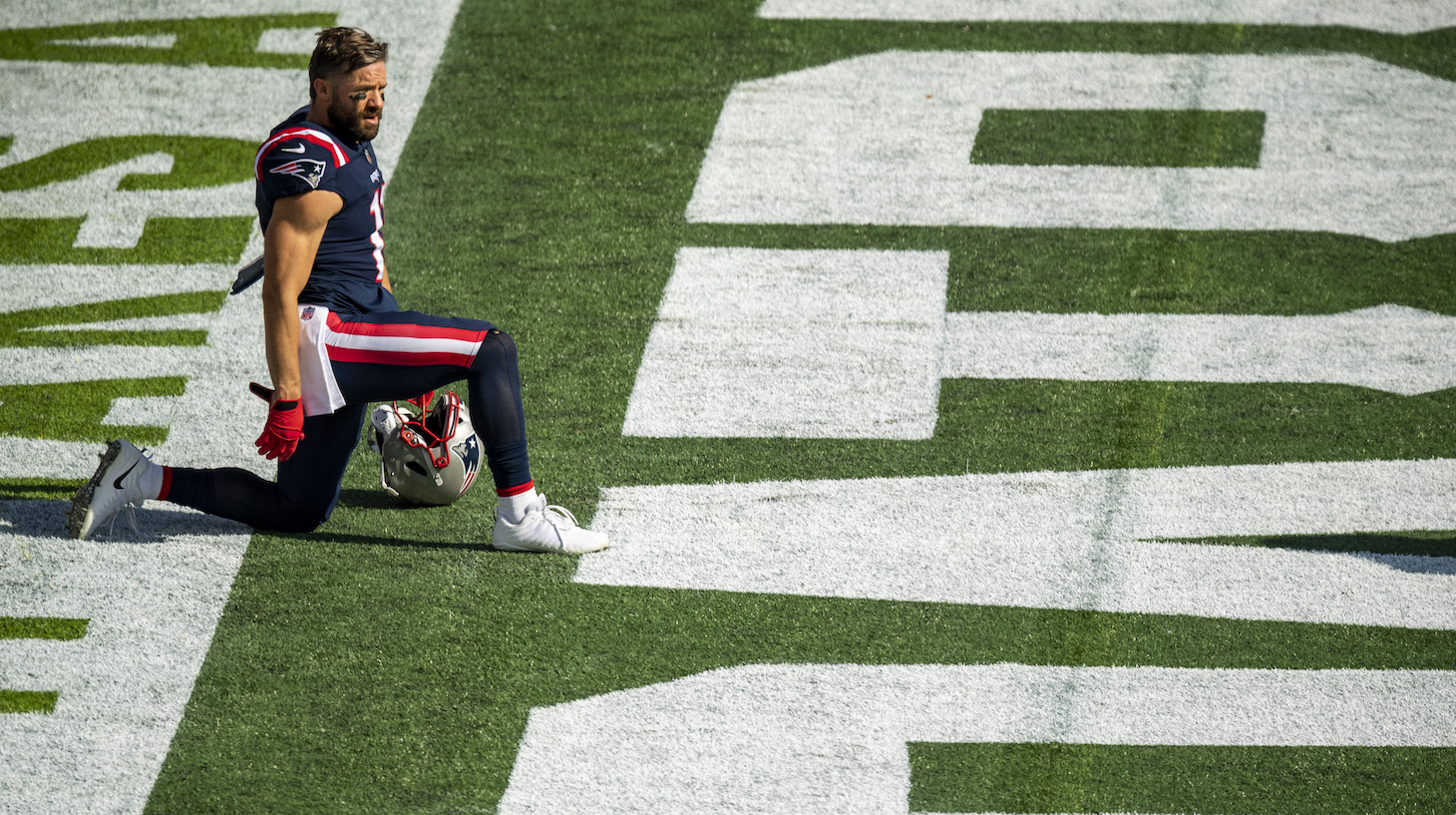 FOXBOROUGH, MA - OCTOBER 18: Julian Edelman #11 of the New England Patriots looks on before a game against the Denver Broncos at Gillette Stadium on October 18, 2020 in Foxborough, Massachusetts. (Photo by Billie Weiss/Getty Images) *** Local Caption *** Julian Edelman
