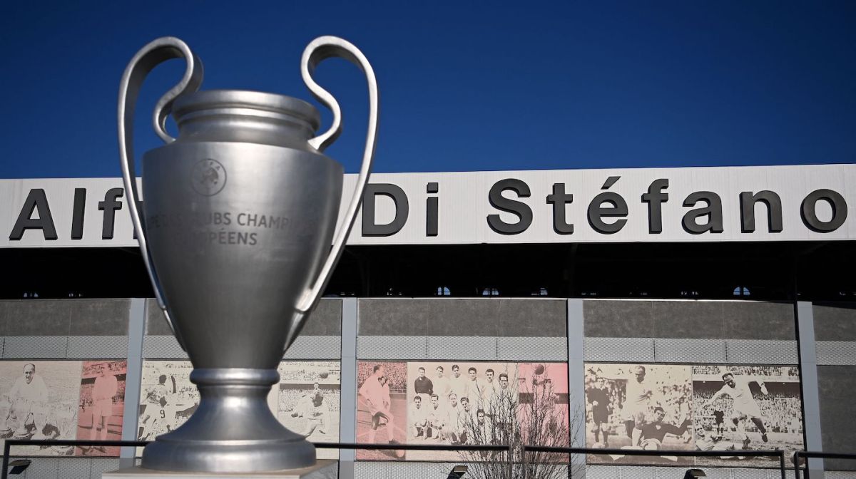 A statue of a Champions League trophy stands outside the Alfredo Di Stefano stadium in Valdebebas, northeast of Madrid, during the Spanish League football match between Real Madrid and Elche on March 13, 2021.