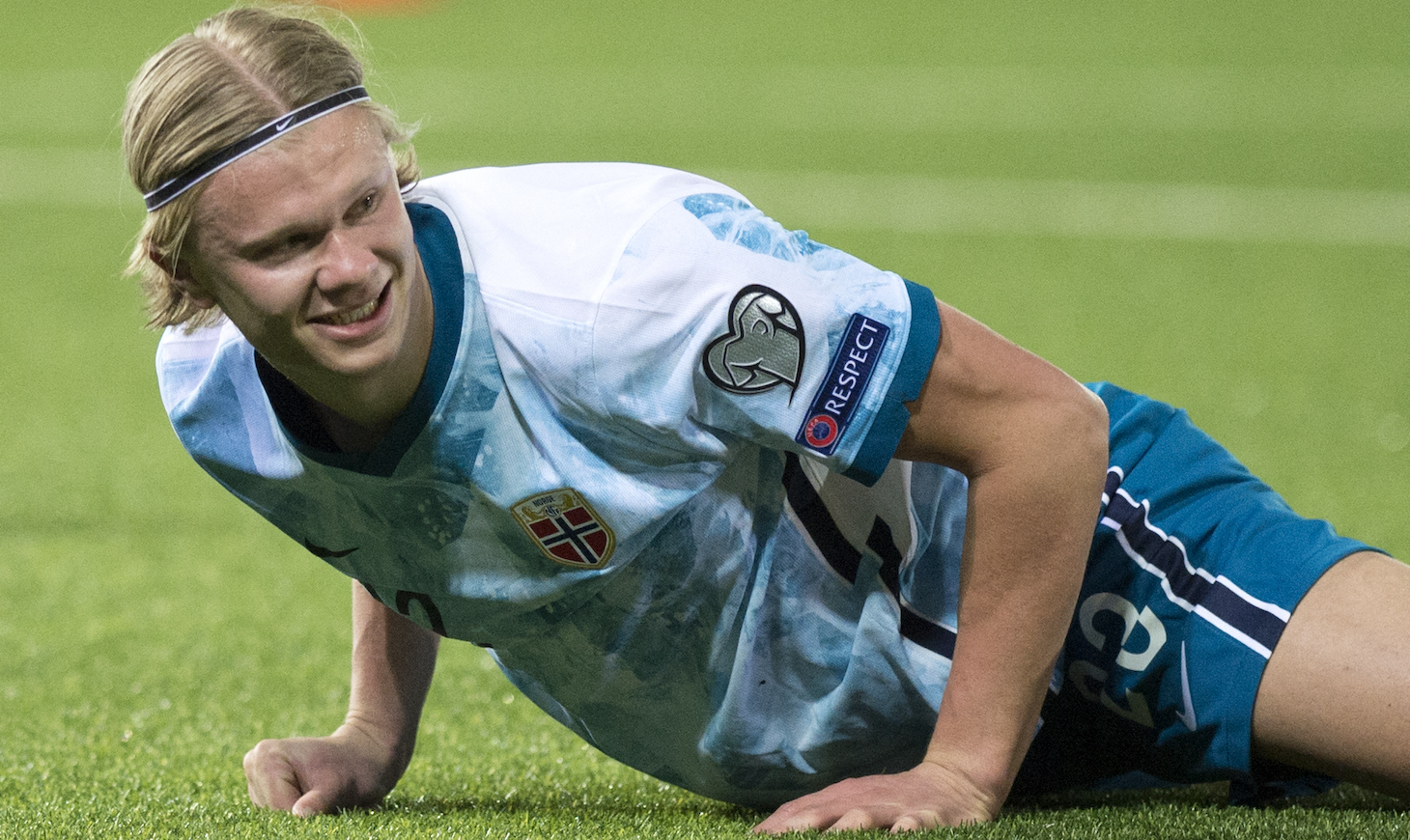 Norway's forward Erling Braut Haaland lays on the field during the FIFA World Cup Qatar 2022 qualification football match between Gibraltar and Norway on March 24, 2021 at the Victoria Stadium in Gibraltar.