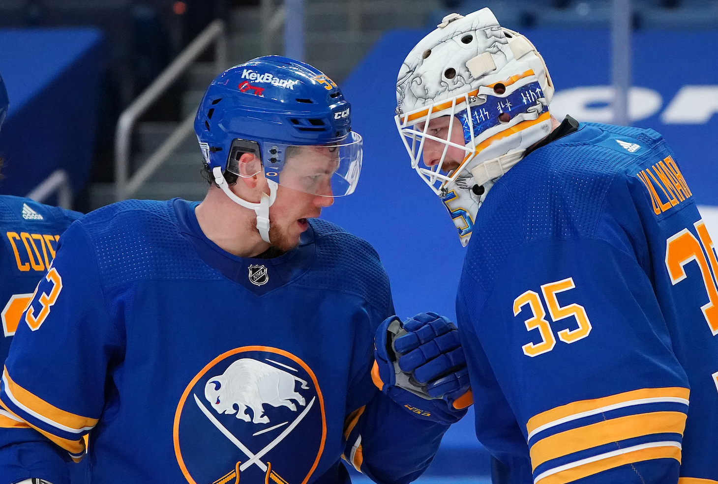 BUFFALO, NY - JANUARY 26: Jeff Skinner #53 of the Buffalo Sabres congratulates Linus Ullmark #35 after beating the New York Rangers at KeyBank Center on January 26 , 2021 in Buffalo, New York. (Photo by Kevin Hoffman/Getty Images)