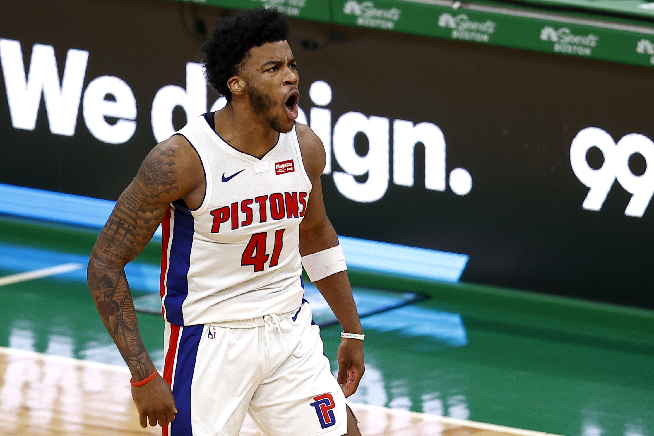 Saddiq Bey #41 of the Detroit Pistons celebrates after scoring against the Boston Celtics during the fourth quarter of the Pistons 108-102 win over the Celtics at TD Garden on February 12, 2021 in Boston, Massachusetts.