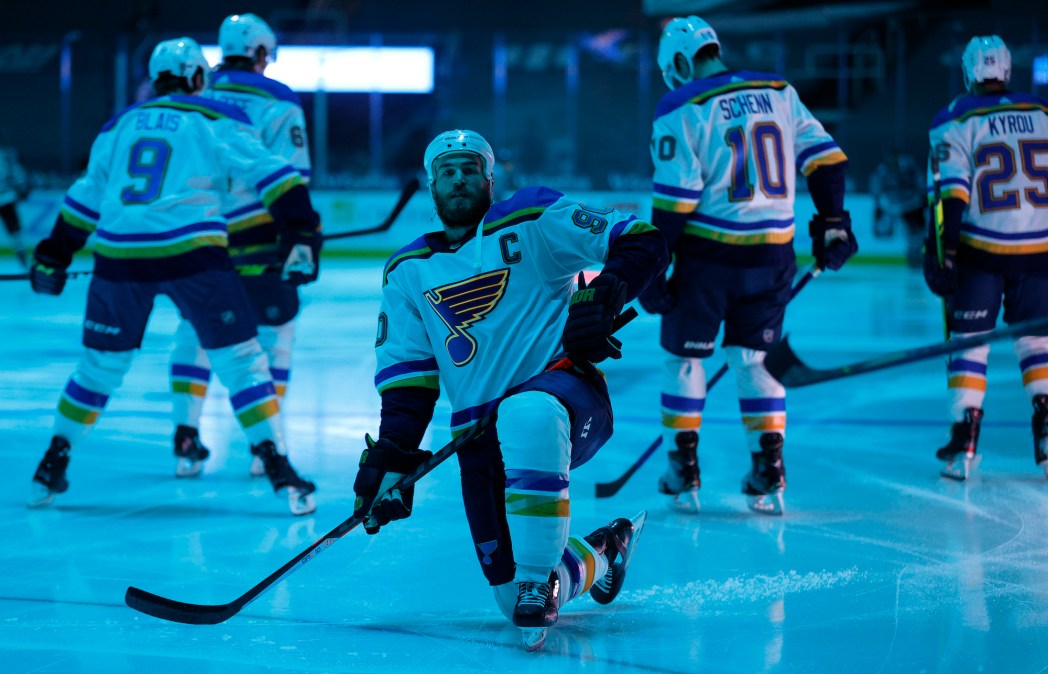 SAN JOSE, CALIFORNIA - FEBRUARY 27: Ryan O'Reilly #90 of the St. Louis Blues warms up before their game against the San Jose Sharks at SAP Center on February 27, 2021 in San Jose, California. (Photo by Ezra Shaw/Getty Images)
