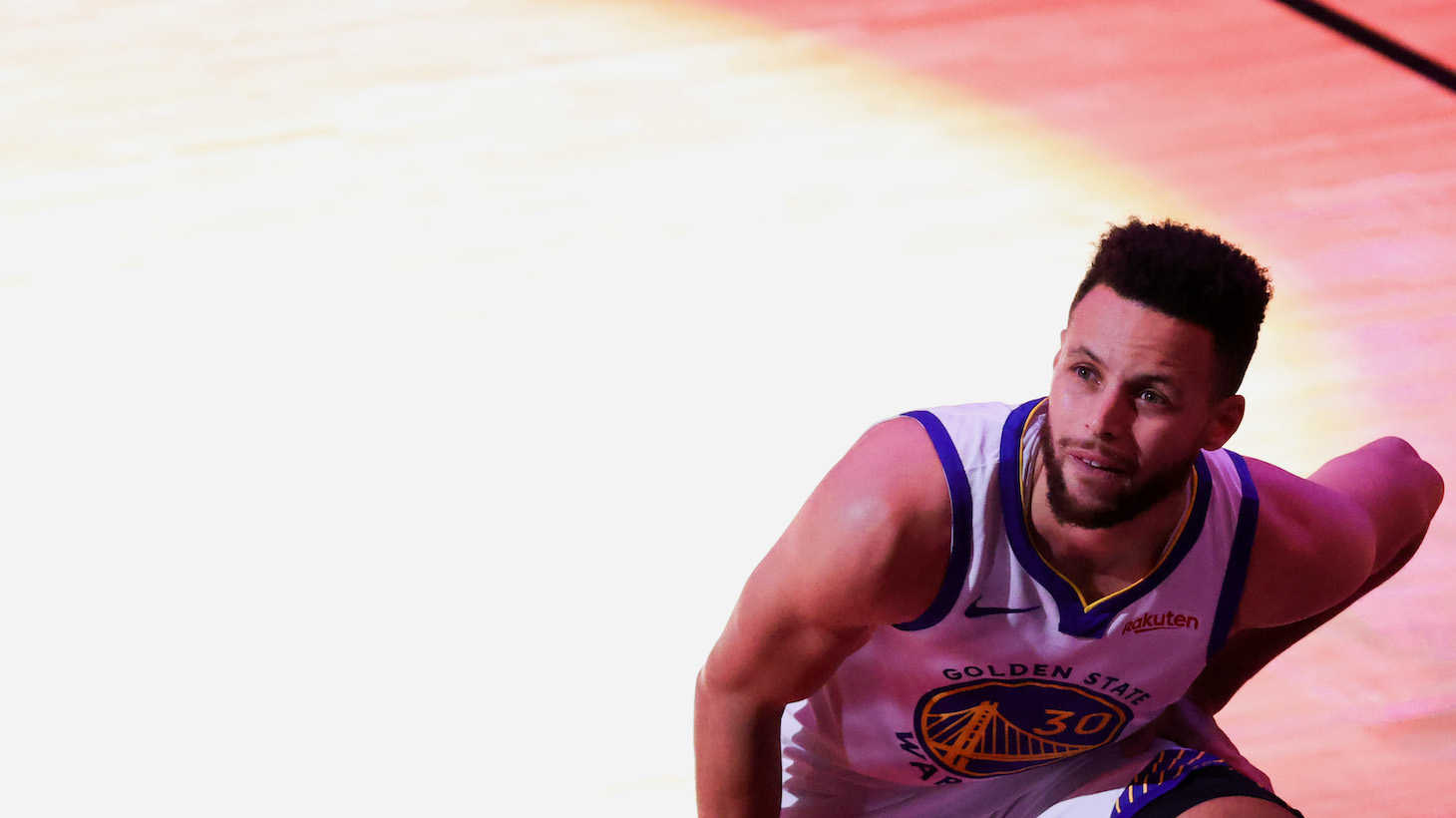 HOUSTON, TEXAS - MARCH 17: Stephen Curry #30 of the Golden State Warriors looks on prior to a game against the Houston Rockets at the Toyota Center on March 17, 2021 in Houston, Texas. NOTE TO USER: User expressly acknowledges and agrees that, by downloading and or using this photograph, User is consenting to the terms and conditions of the Getty Images License Agreement. (Photo by Carmen Mandato/Getty Images)