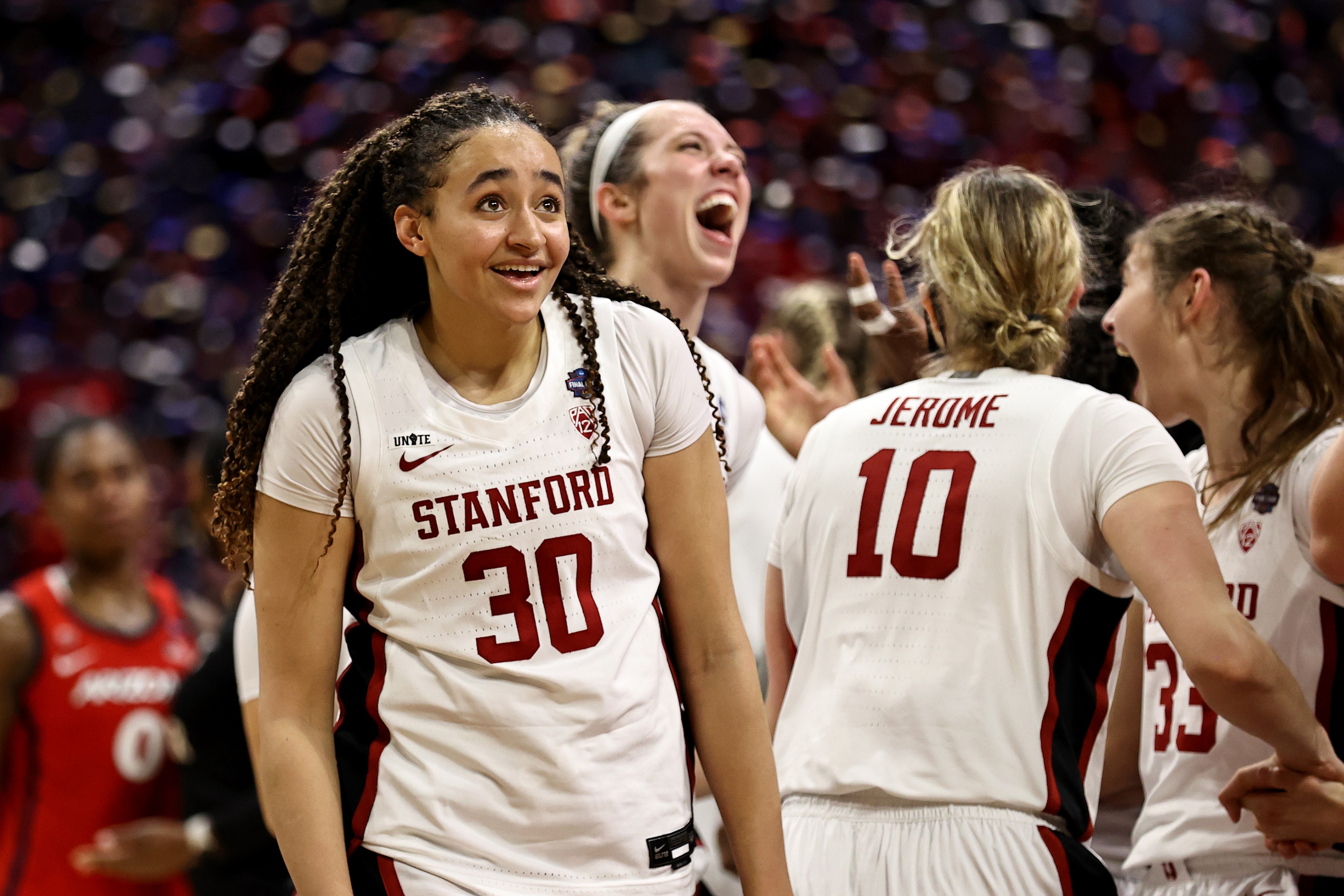 Haley Jones #30 of the Stanford Cardinal celebrates a team win against the Arizona Wildcats in the National Championship game of the 2021 NCAA Women's Basketball Tournament at the Alamodome on April 04, 2021 in San Antonio, Texas.
