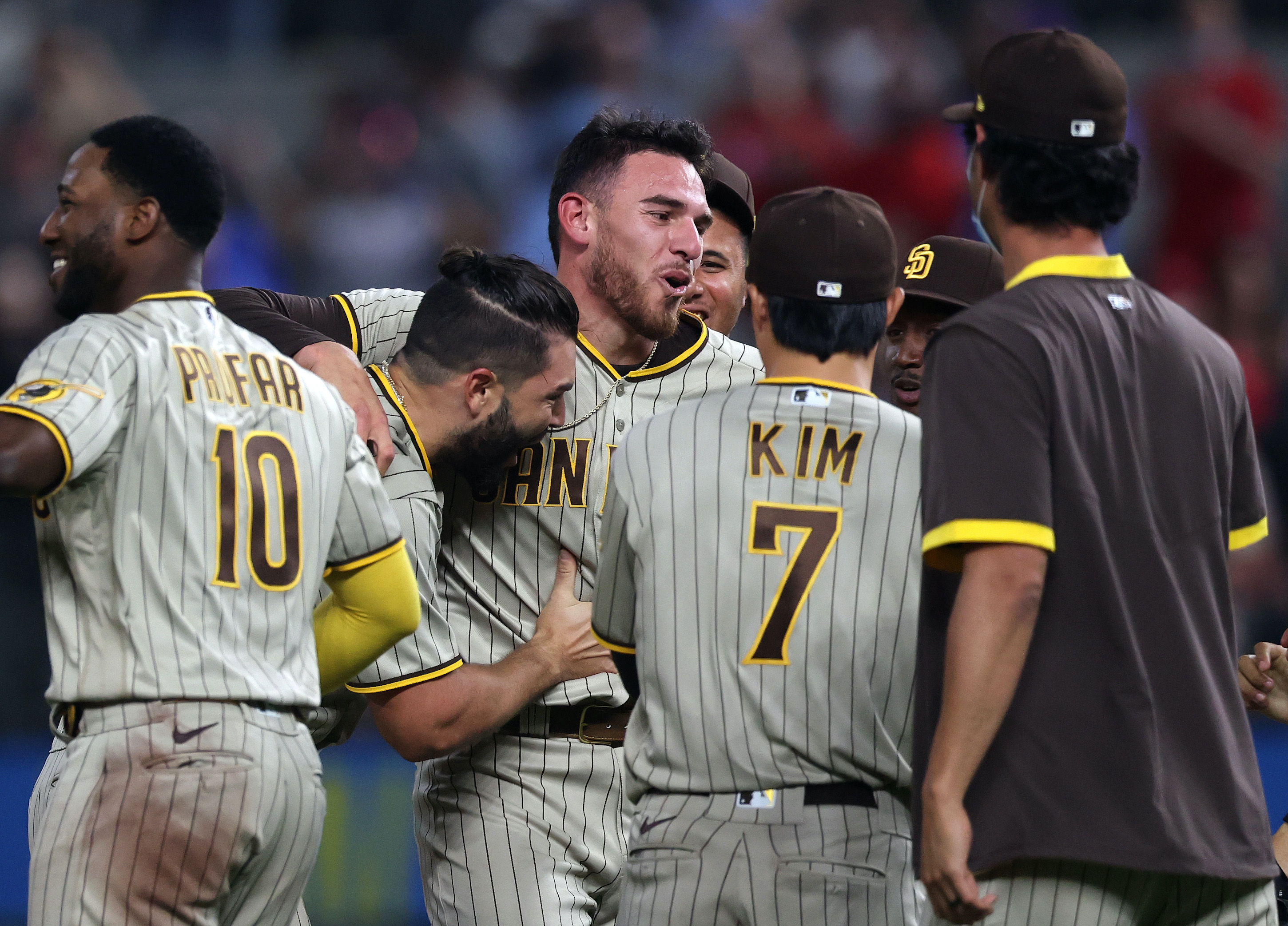 Joe Musgrove #44 of the San Diego Padres after pitching a no-hitter against the Texas Rangers at Globe Life Field on April 09, 2021 in Arlington, Texas.