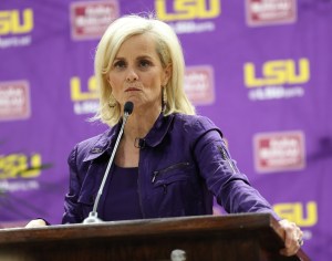 Kim Mulkey, the newly hired women's basketball coach at Louisiana State University, speaks during a press conference at Pete Maravich Assembly Center on April 26, 2021 in Baton Rouge, Louisiana.