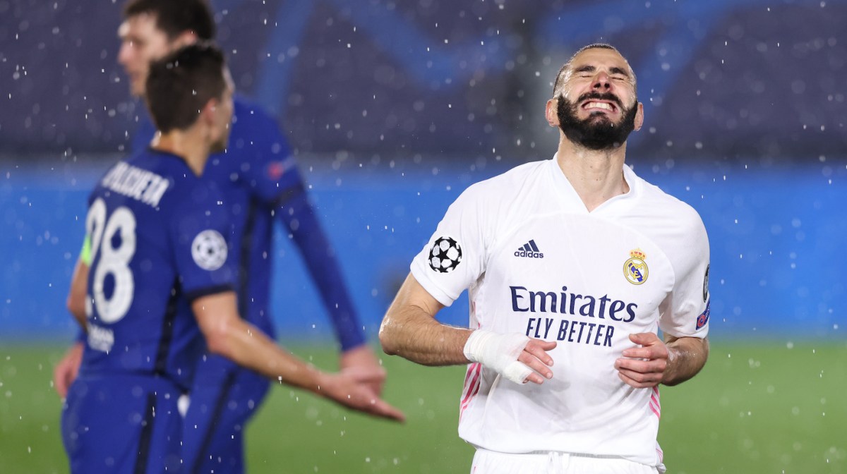 Karim Benzema of Real Madrid reacts after a missed shot during the UEFA Champions League Semi Final First Leg match between Real Madrid and Chelsea FC at Estadio Alfredo Di Stefano on April 27, 2021 in Madrid, Spain.