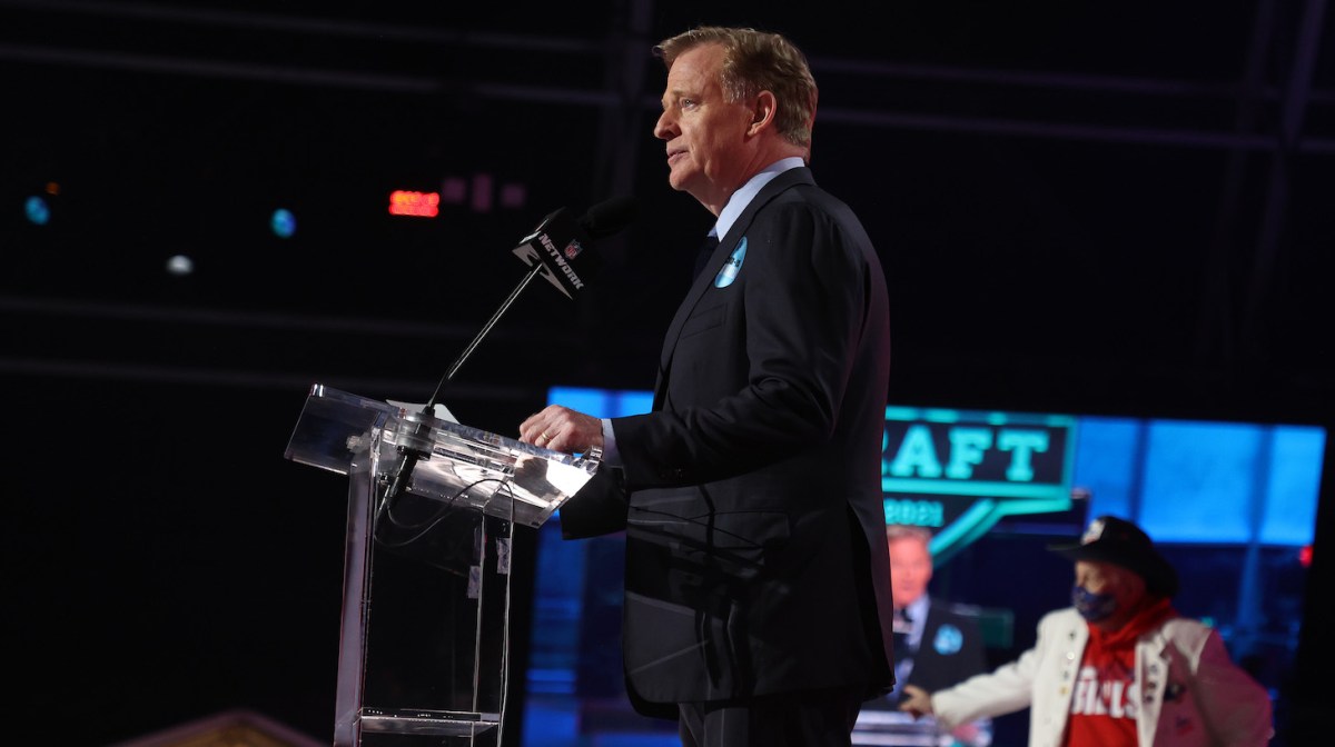 CLEVELAND, OHIO - APRIL 29: NFL Commissioner Roger Goodell announces Gregory Rousseau being selected 30th by the Buffalo Bills during round one of the 2021 NFL Draft at the Great Lakes Science Center on April 29, 2021 in Cleveland, Ohio. (Photo by Gregory Shamus/Getty Images)
