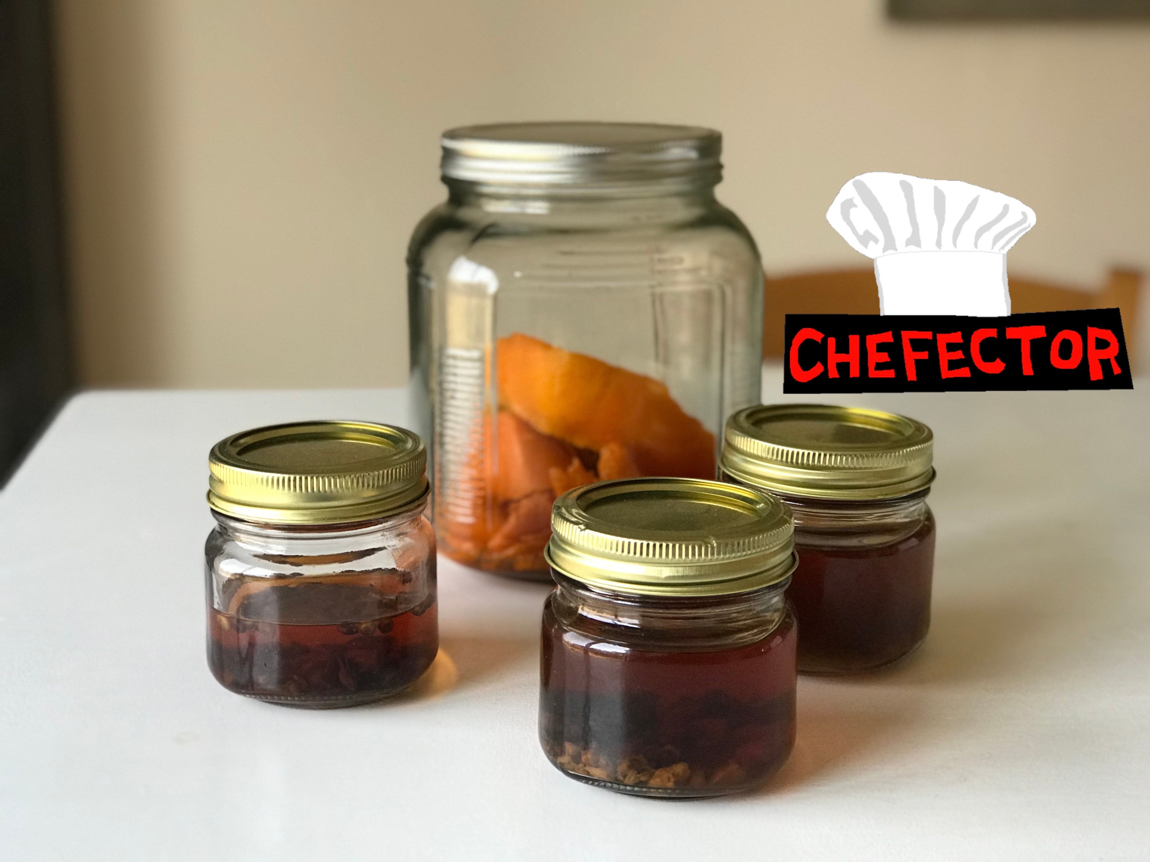 Jars containing the various components of the finished bitters.