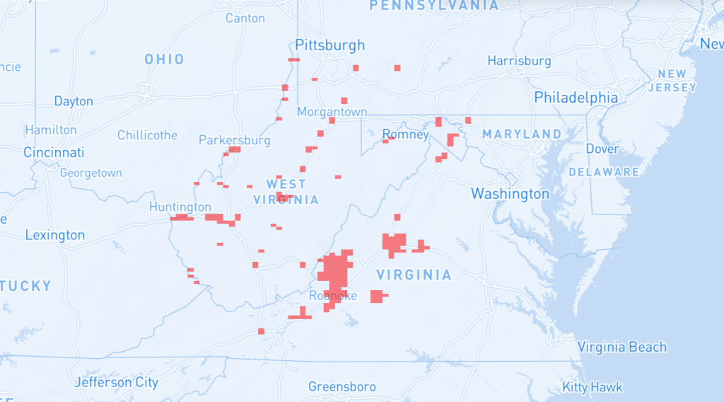 The Lumos Networks coverage map, which is mostly rural western Virginia and West Virginia.