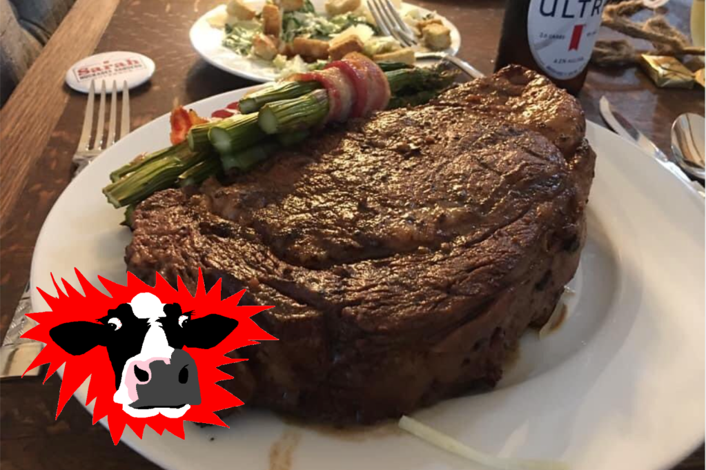 This online weirdo's steak dinner receives one Bessie The Horrified Cow for looking edible but unimpressive.