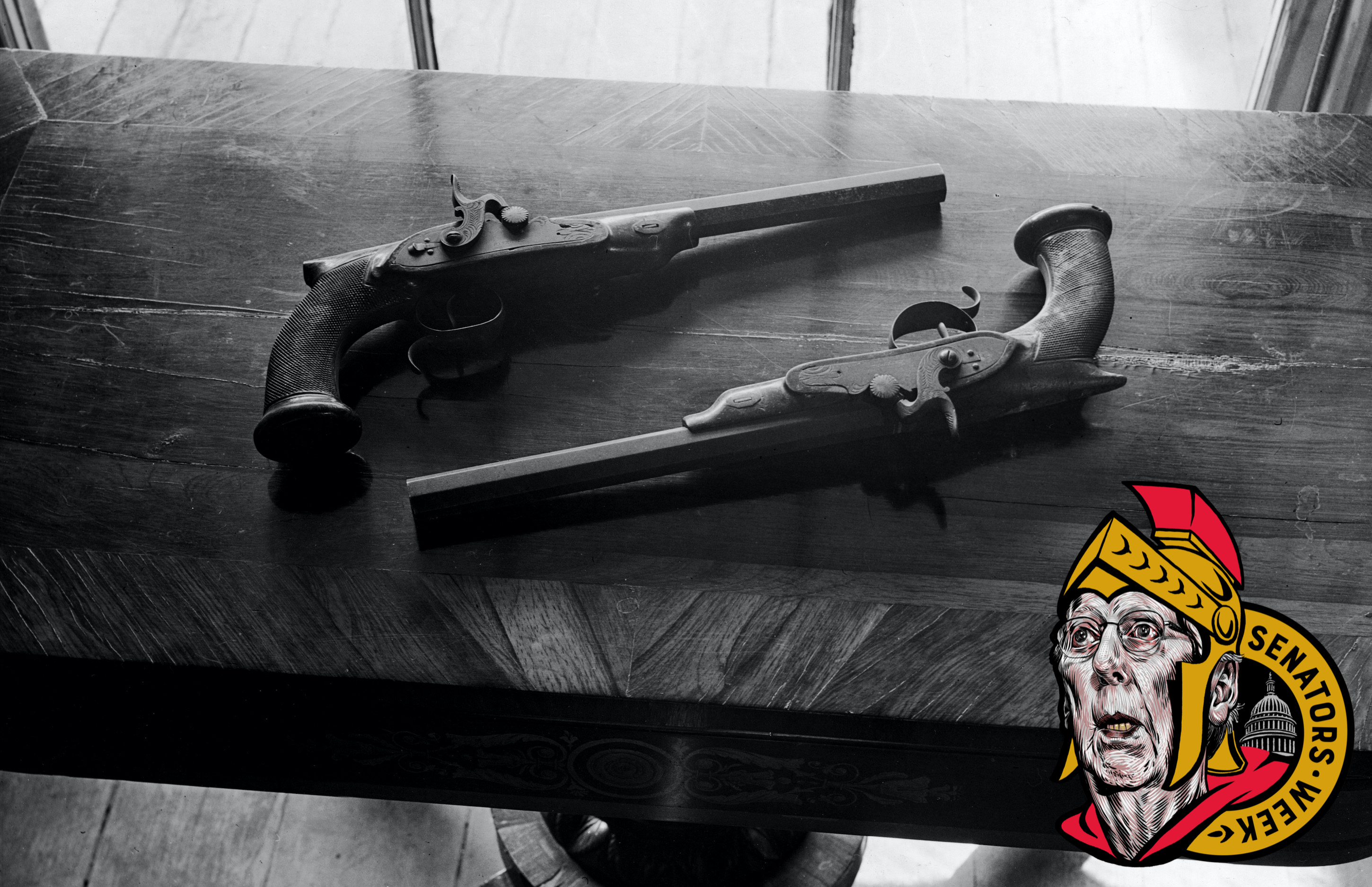 Antique dueling pistols, on view at The Grange, the home of American Treasury Secretary Alexander Hamilton in New York, New York, 1933. These pistols were not used in Hamiltons's fatal duel.