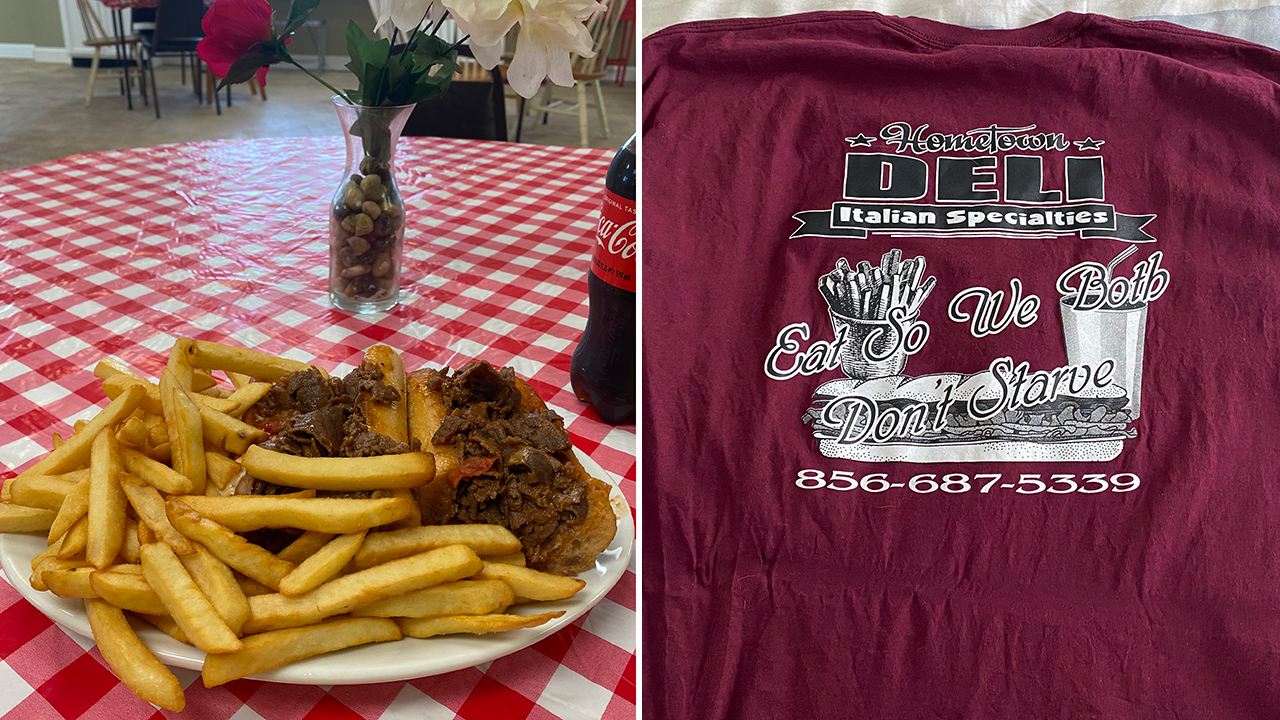 A split image: A cheesesteak surrounded by fries on a table with a flower and a soda; and a t-shirt that says "HOMETOWN DELI: Eat So We Both Don't Starve"