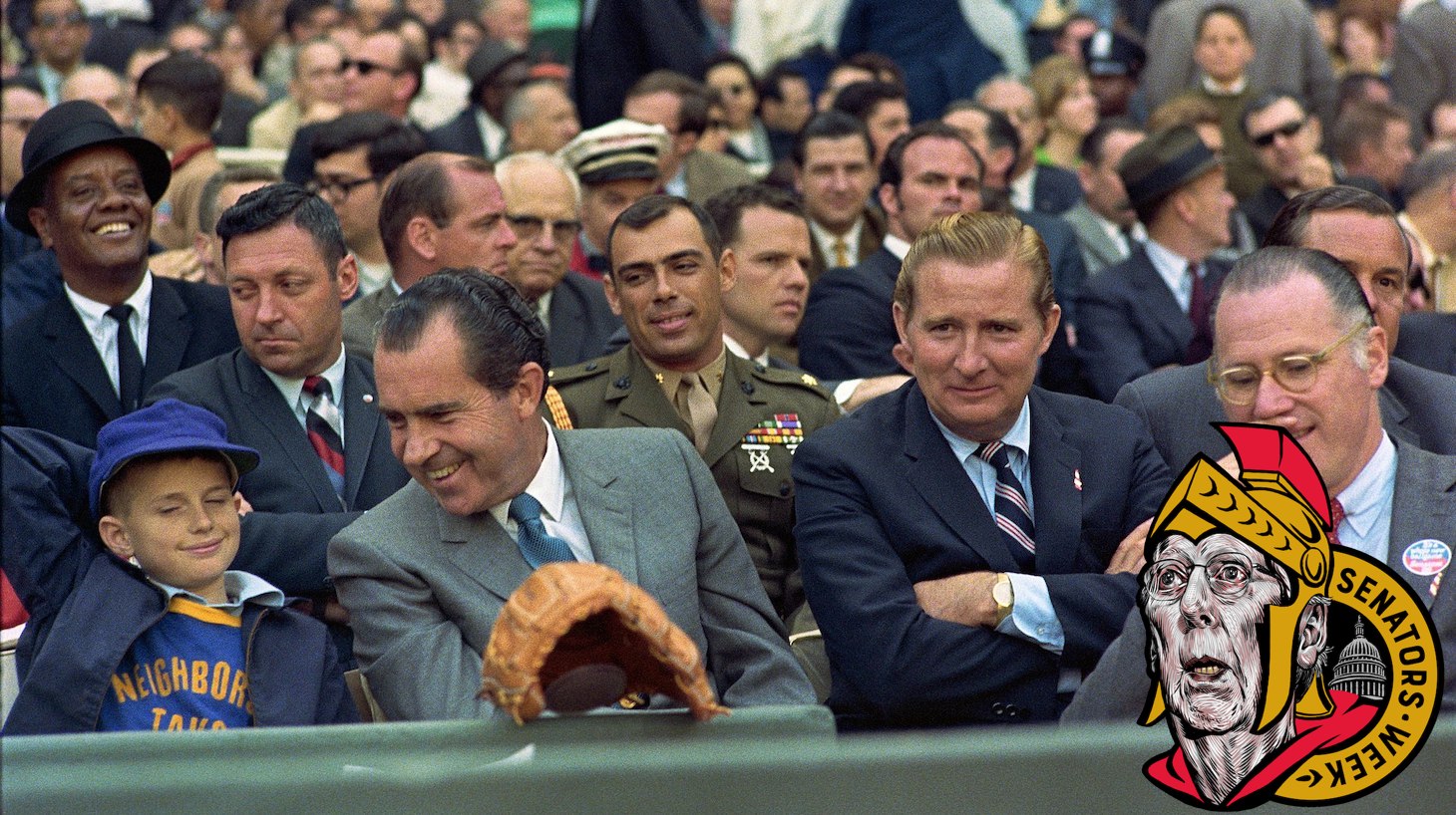 President Nixon holds "a frank exchange of views" with a young basefall fan at the Washington Senators' Opening Day game versus the New York Yankees at RFK Stadium