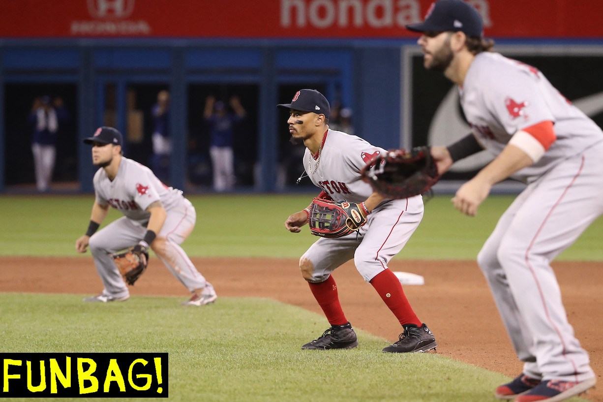 TORONTO, ON - MAY 22: Mookie Betts #50 of the Boston Red Sox comes in from right field and plays on the lip of the infield as the Red Sox emply a five-man infield with the bases loaded in the tenth inning during MLB game action against the Toronto Blue Jays at Rogers Centre on May 22, 2019 in Toronto, Canada. (Photo by Tom Szczerbowski/Getty Images) *** Local Caption *** Mookie Betts