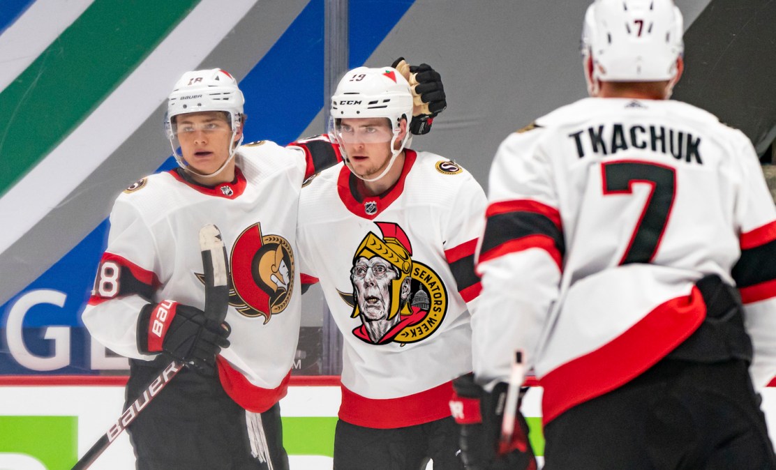 VANCOUVER, BC - APRIL 22: Drake Batherson #19 of the Ottawa Senators is congratulated by teammates Tim Stutzle #18 and Brady Tkachuk #7 after scoring a goal against the Vancouver Canucks during the first period of NHL action at Rogers Arena on April 22, 2021 in Vancouver, Canada. (Photo by Rich Lam/Getty Images)