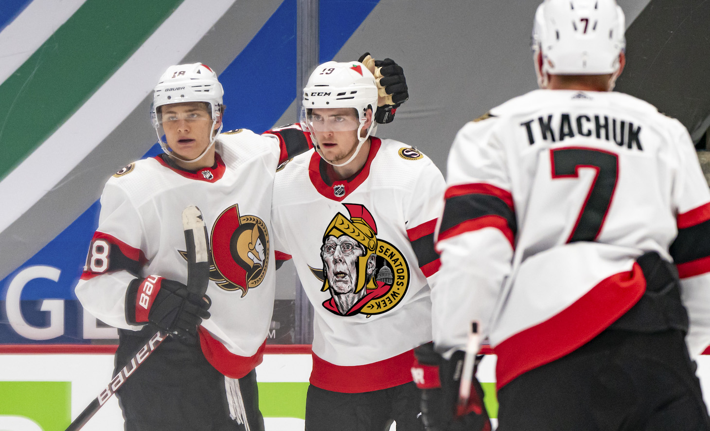 VANCOUVER, BC - APRIL 22: Drake Batherson #19 of the Ottawa Senators is congratulated by teammates Tim Stutzle #18 and Brady Tkachuk #7 after scoring a goal against the Vancouver Canucks during the first period of NHL action at Rogers Arena on April 22, 2021 in Vancouver, Canada. (Photo by Rich Lam/Getty Images)
