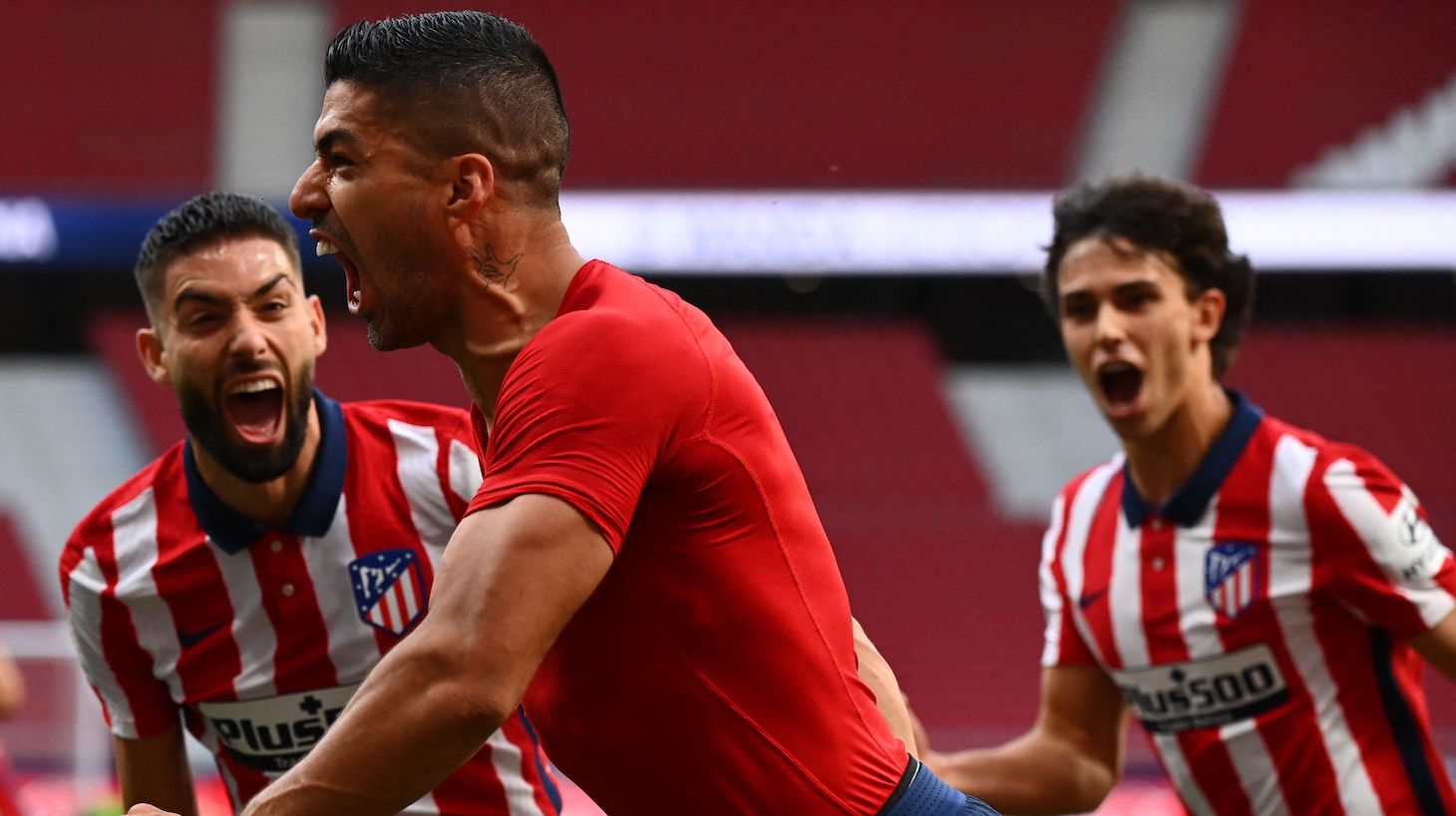 Atletico Madrid's Uruguayan forward Luis Suarez celebrates his goal during the Spanish League football match between Club Atletico de Madrid and CA Osasuna at the Wanda Metropolitano stadium in Madrid on May 16, 2021.