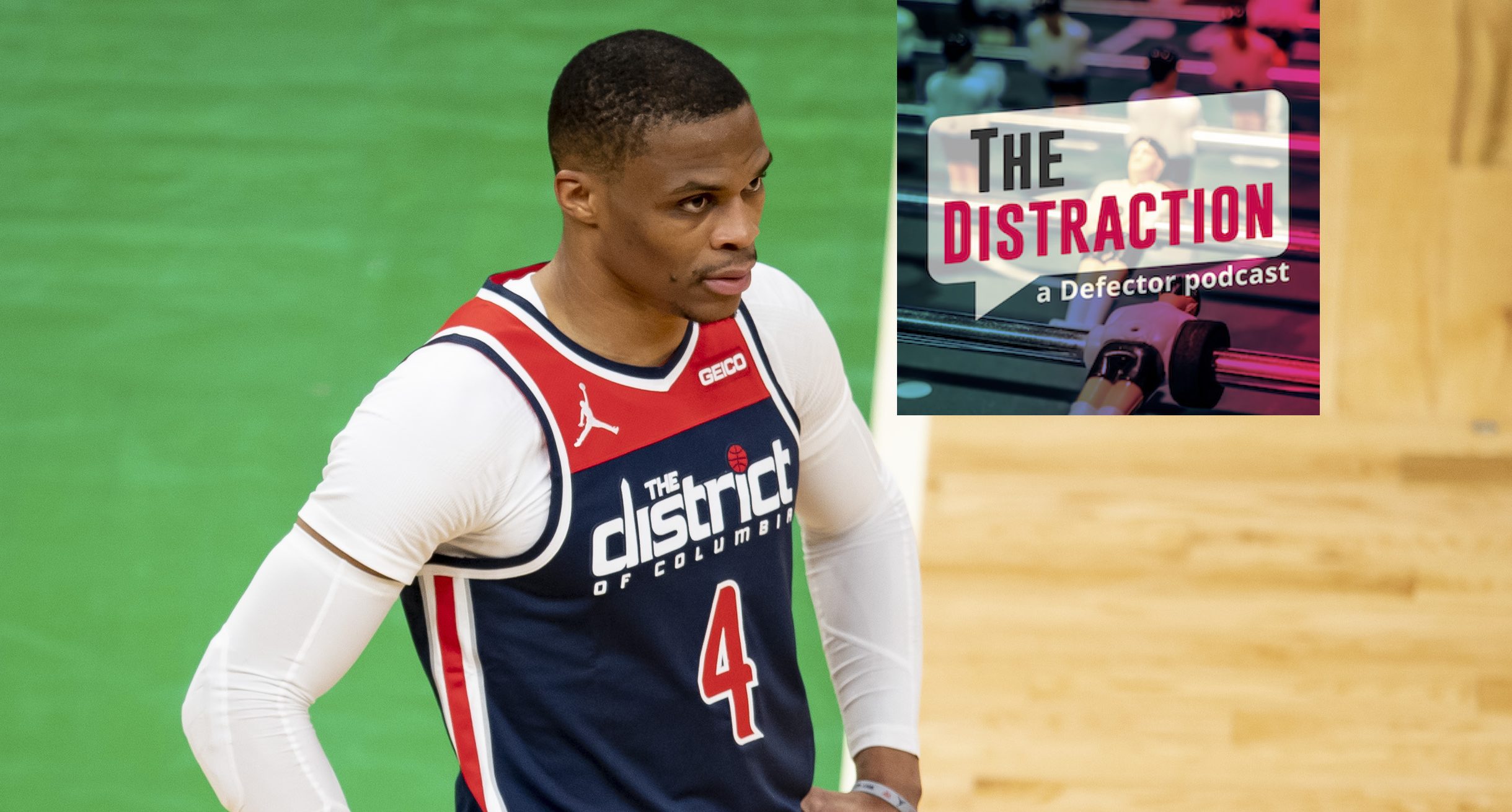 Russell Westbrook contemplates the void, and The Distraction logo.