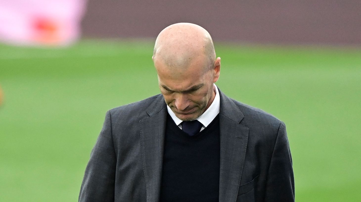 Real Madrid's French coach Zinedine Zidane reacts during the Spanish league football match Real Madrid CF against Villarreal CF at the Alfredo di Stefano stadium in Valdebebas, on the outskirts of Madrid, on May 22, 2021.