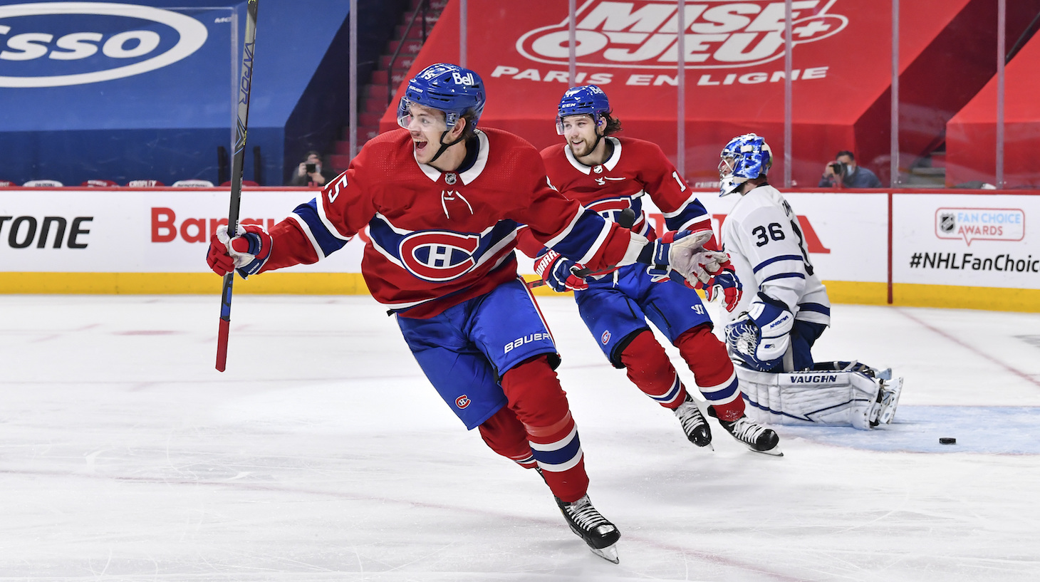 MONTREAL, QC - MAY 29: Jesperi Kotkaniemi #15 of the Montreal Canadiens celebrates his goal during overtime against the Toronto Maple Leafs in Game Six of the First Round of the 2021 Stanley Cup Playoffs at the Bell Centre on May 29, 2021 in Montreal, Canada. The Montreal Canadiens are the first NHL Canadian team to host 2,500 fans since the COVID-19 pandemic. The Montreal Canadiens defeated the Toronto Maple Leafs 3-2 in overtime. (Photo by Minas Panagiotakis/Getty Images)