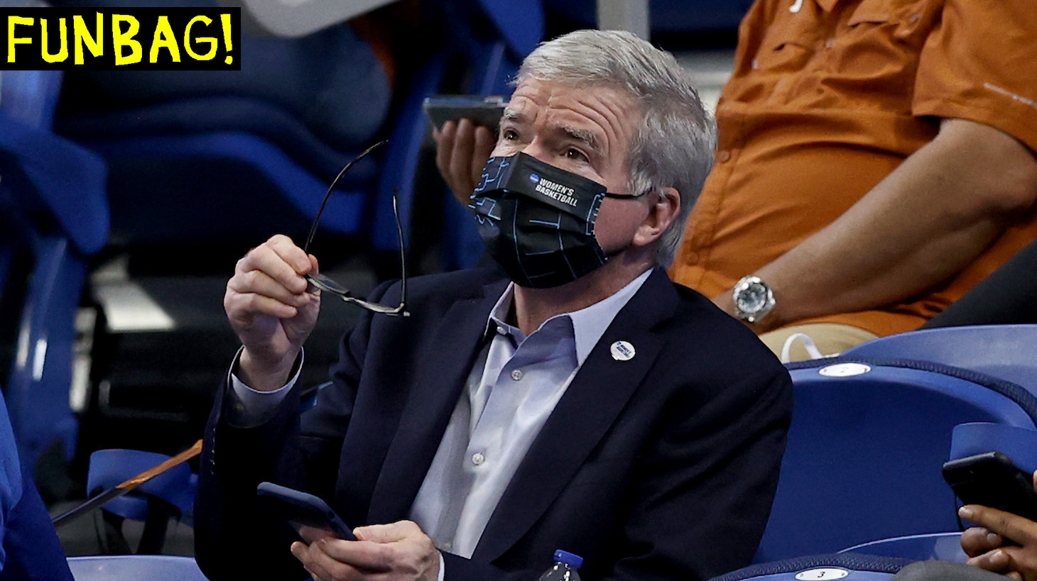 SAN ANTONIO, TEXAS - MARCH 30: NCAA president Mark Emmert attends the game between the Texas Longhorns and the South Carolina Gamecocks during the Elite Eight round of the NCAA Women's Basketball Tournament at Alamodome on March 30, 2021 in San Antonio, Texas. (Photo by Elsa/Getty Images)