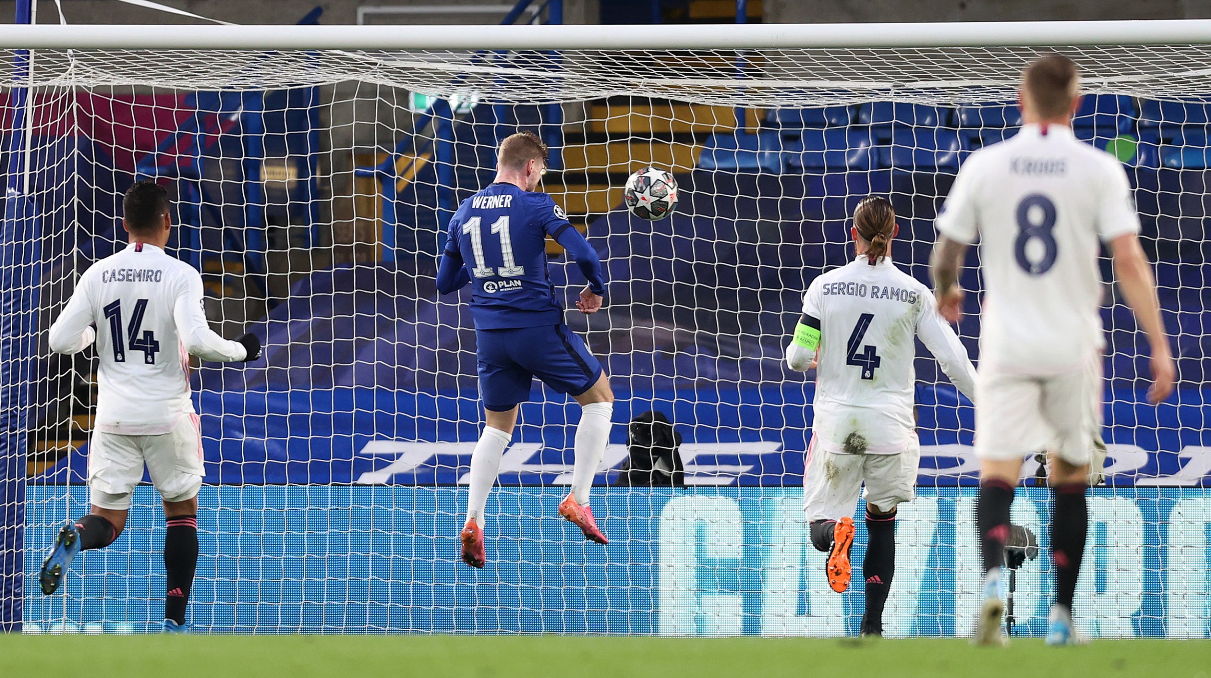 Timo Werner of Chelsea scores his team's first goal during the UEFA Champions League Semi Final Second Leg match between Chelsea and Real Madrid at Stamford Bridge on May 05, 2021 in London, England