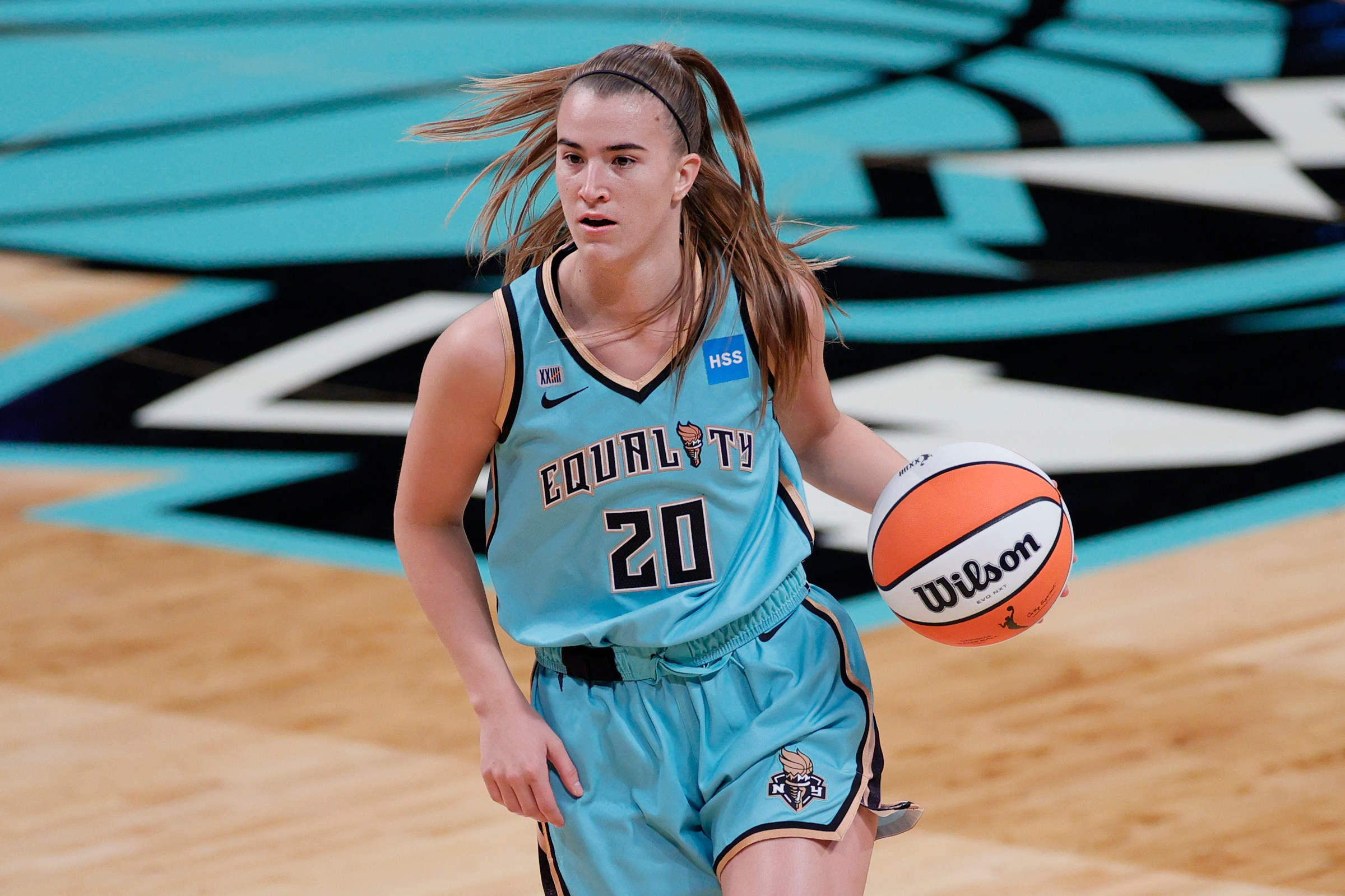 Sabrina Ionescu #20 of the New York Liberty dribbles during the first half against the Indiana Fever at Barclays Center on May 14, 2021 in the Brooklyn borough of New York City.