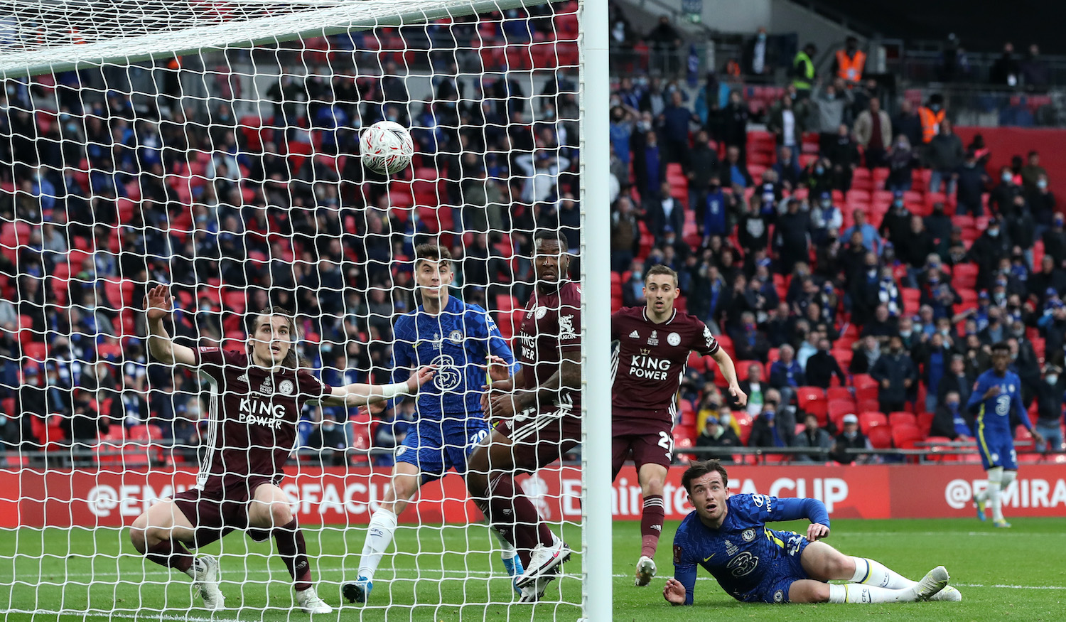 LONDON, ENGLAND - MAY 15: Ben Chilwell of Chelsea looks on after his effort is cleared by Caglar Soyuncu into Wes Morgan of Leicester City resulting in a goal that was later ruled out by VAR for offside during The Emirates FA Cup Final match between Chelsea and Leicester City at Wembley Stadium on May 15, 2021 in London, England. A limited number of around 21,000 fans, subject to a negative lateral flow test, will be allowed inside Wembley Stadium to watch this year's FA Cup Final as part of a pilot event to trial the return of large crowds to UK venues. (Photo by Nick Potts - Pool/Getty Images)