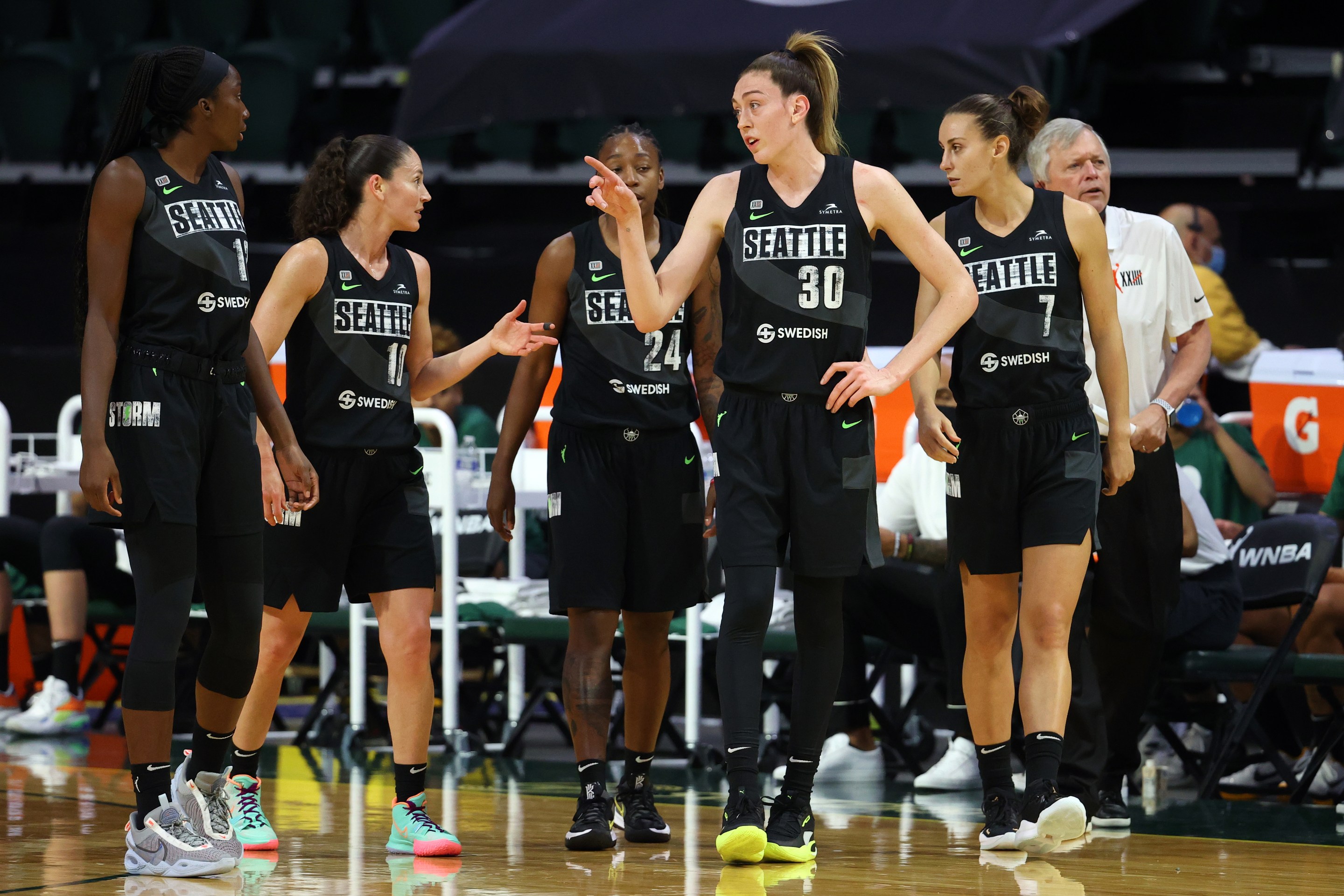 Breanna Stewart #30 of the Seattle Storm reacts during the first quarter against the Las Vegas Aces at Angel of the Winds Arena on May 15, 2021 in Everett, Washington.