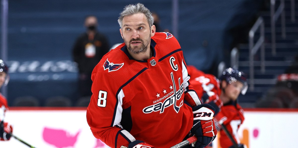 WASHINGTON, DC - MAY 17: Alex Ovechkin #8 of the Washington Capitals skates during warm ups before the game against the Boston Bruins in Game Two of the First Round of the 2021 Stanley Cup Playoffs at Capital One Arena on May 17, 2021 in Washington, DC. (Photo by Elsa/Getty Images)